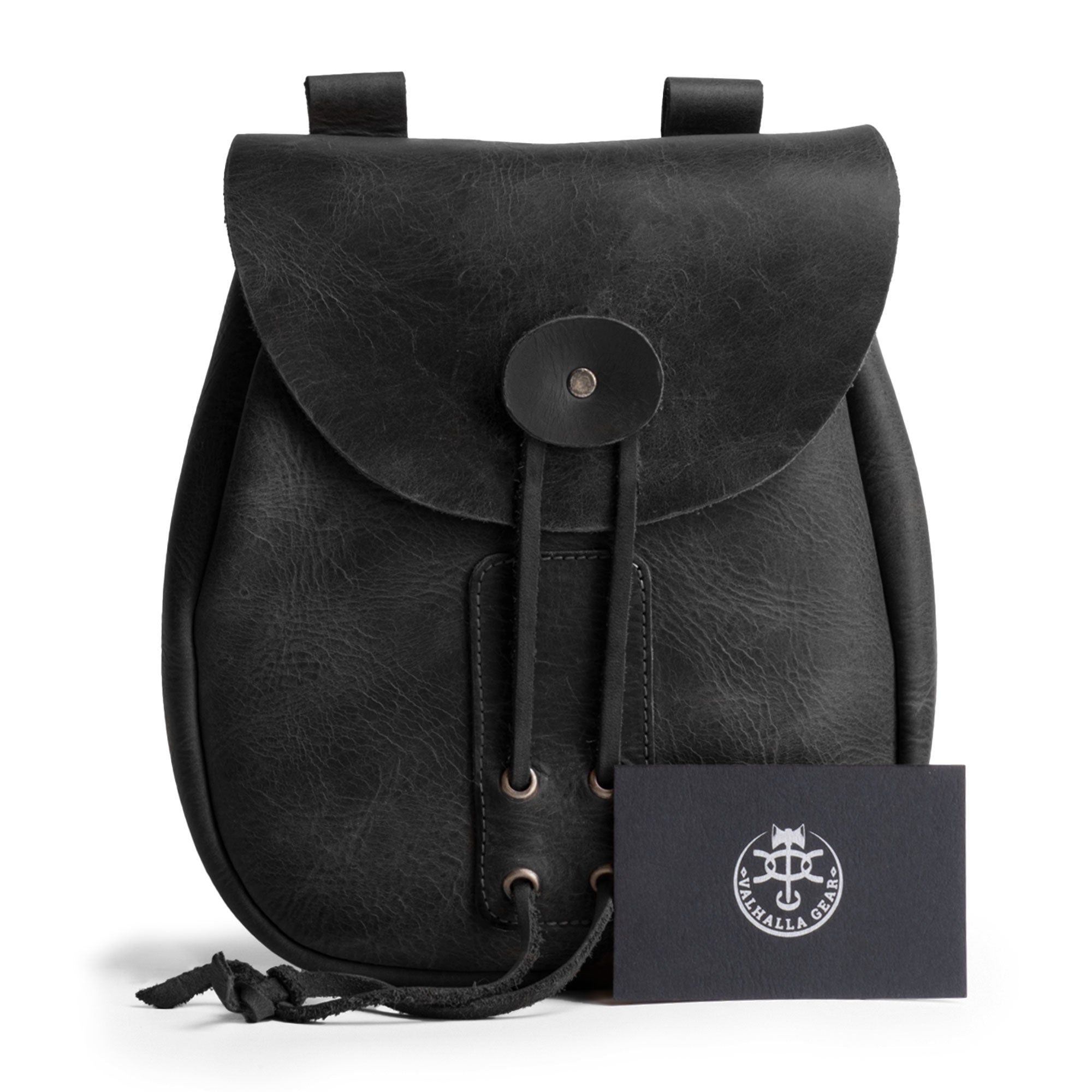 Valhalla Gear Bushcraft Bag in black with an authenticity card, highlighting its artisan quality as a portable safe pouch for securely storing valuables. Handmade in La Antigua Guatemala.