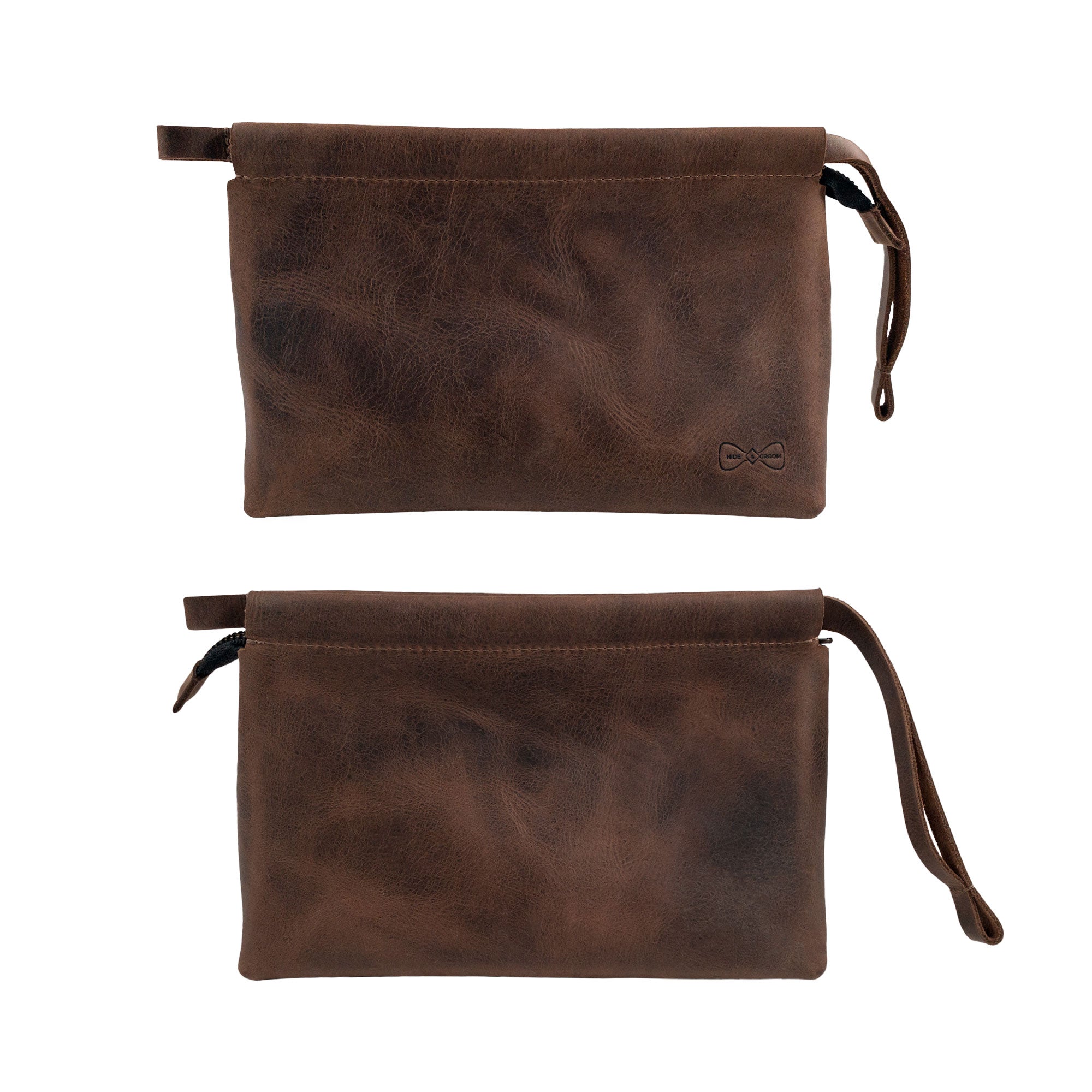 Both sides of the Rectangular Toiletry Bag with Sliding Handle for Groomsmen by Hide & Groom highlighted, showcasing its sleek design. This artisan-made bag is crafted from full grain leather, fitting perfectly for bachelor parties or wedding ceremonies. A true representation of handmade quality.