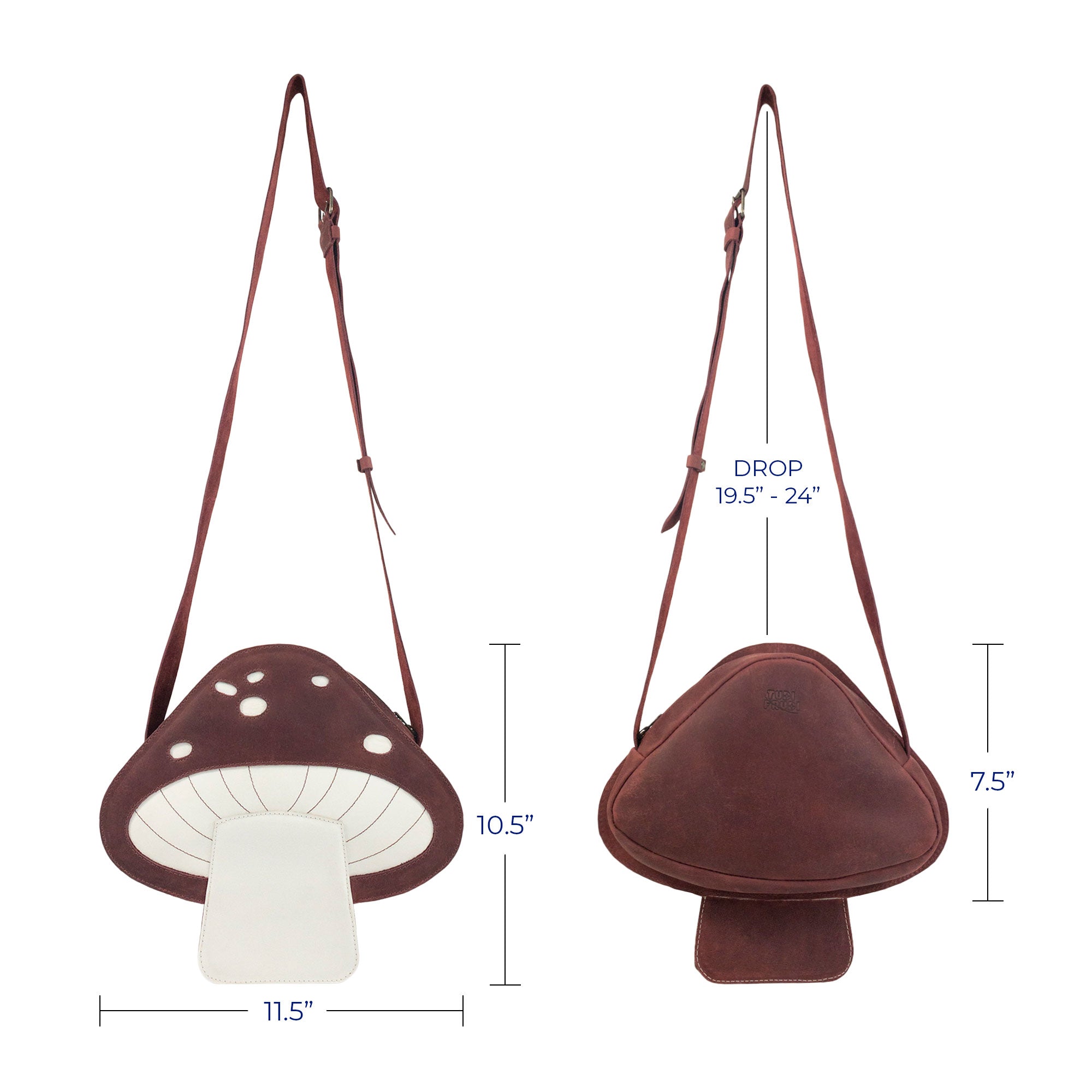 Dimensions of the Mushroom-Shaped Leather Shoulder Bag by Tudi Frudi are displayed, emphasizing its functionality as a crossbody and messenger bag. Made from durable Full Grain Leather, this artisan piece reflects small batch production methods and is handmade in La Antigua Guatemala.