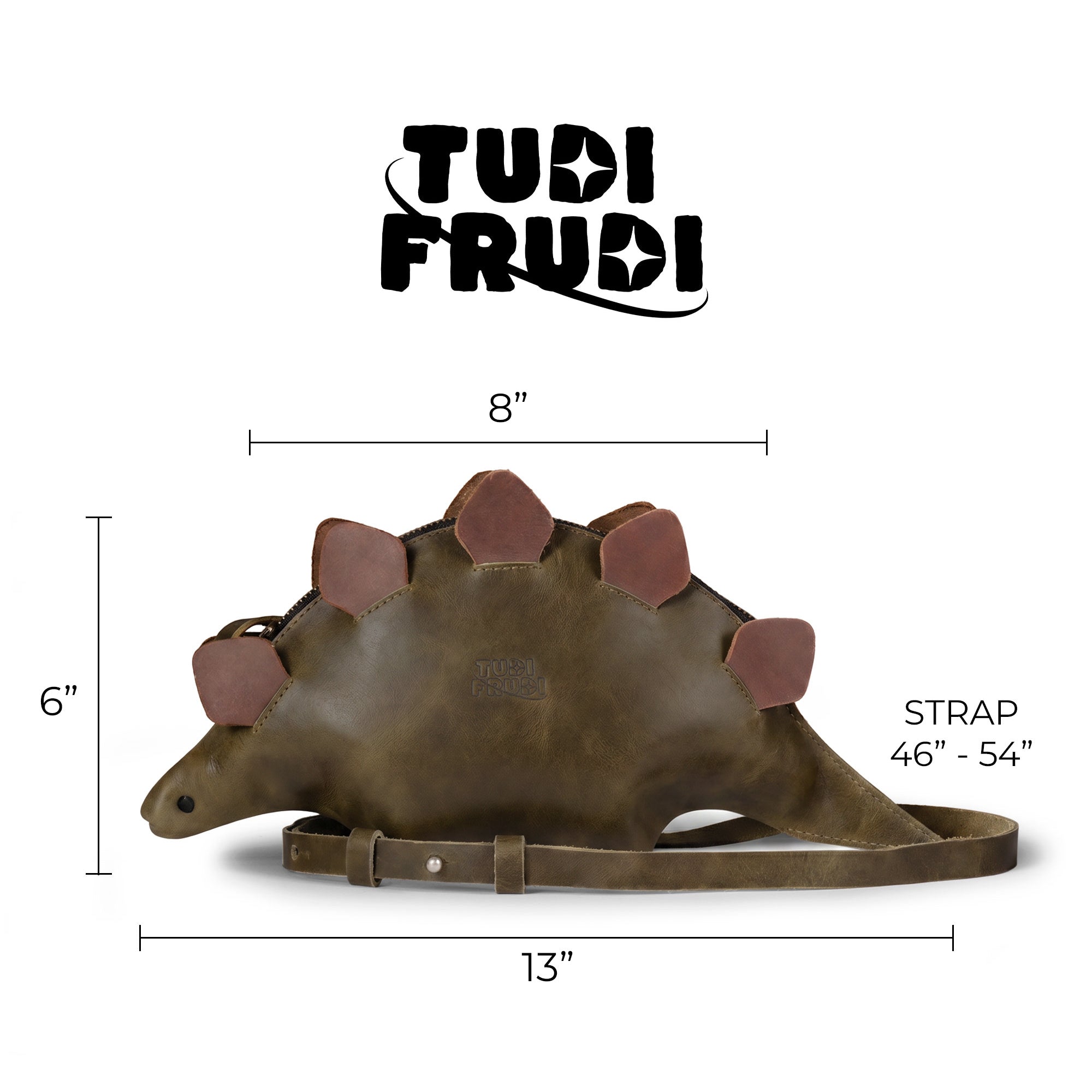 Dimensions and features of the Dinosaur-Shaped (Stegosaurus) Shoulder Bag by Tudi Frudi showcased, emphasizing its size as a versatile Crossbody Bag. Made from durable Full Grain Leather with a focus on Small Batch Production, it exemplifies Artisan workmanship from La Antigua Guatemala & Oaxaca Mexico.
