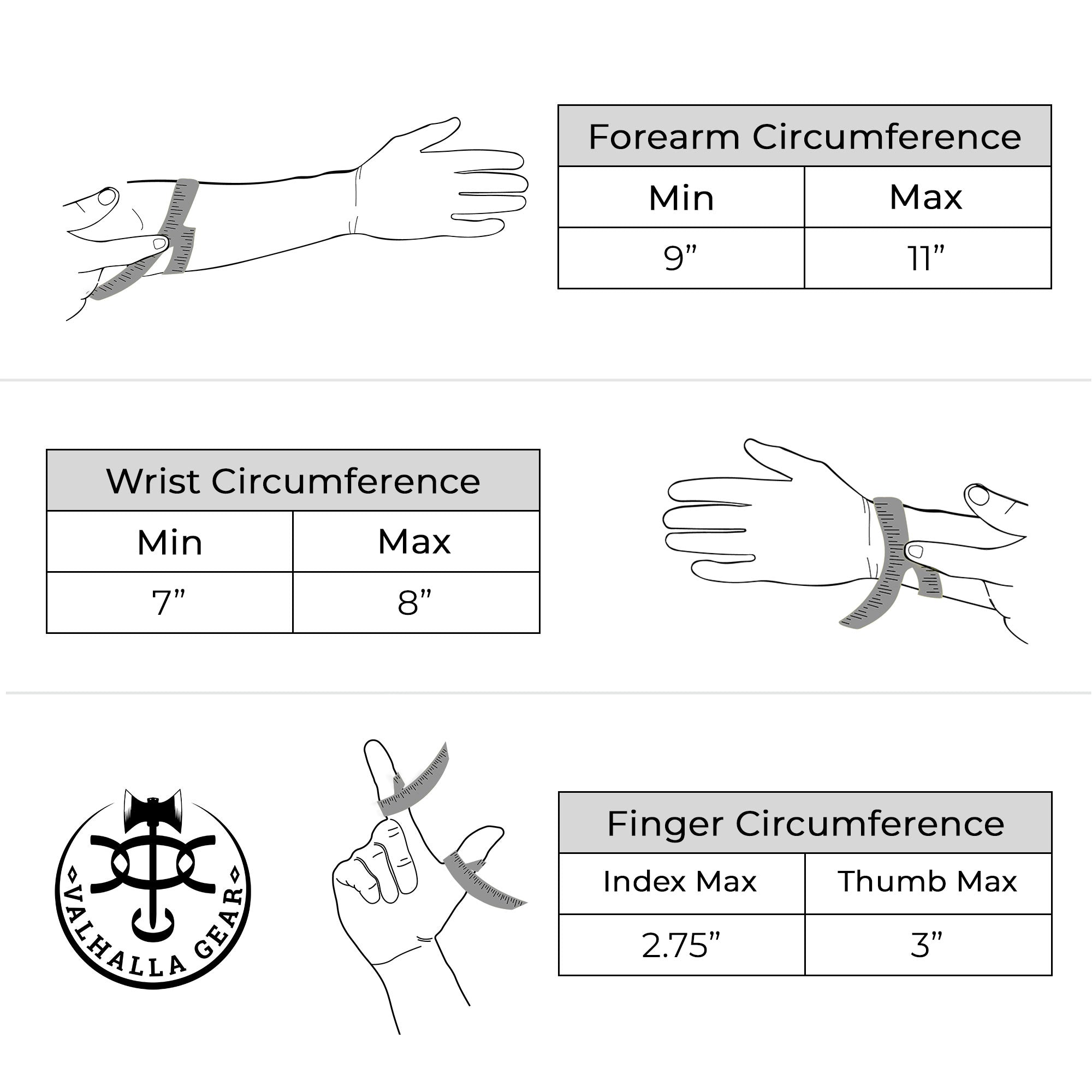 Detailed sizing chart for The Bowmaster, Forearm Guard for Archers by Valhalla Gear. This chart assists customers in finding the perfect fit for the full grain leather protective gear designed for archery. Each piece exemplifies handmade excellence through small batch production techniques—hand cut, hand sewn, and fire branded, upholding the artisan heritage from Oaxaca Mexico.