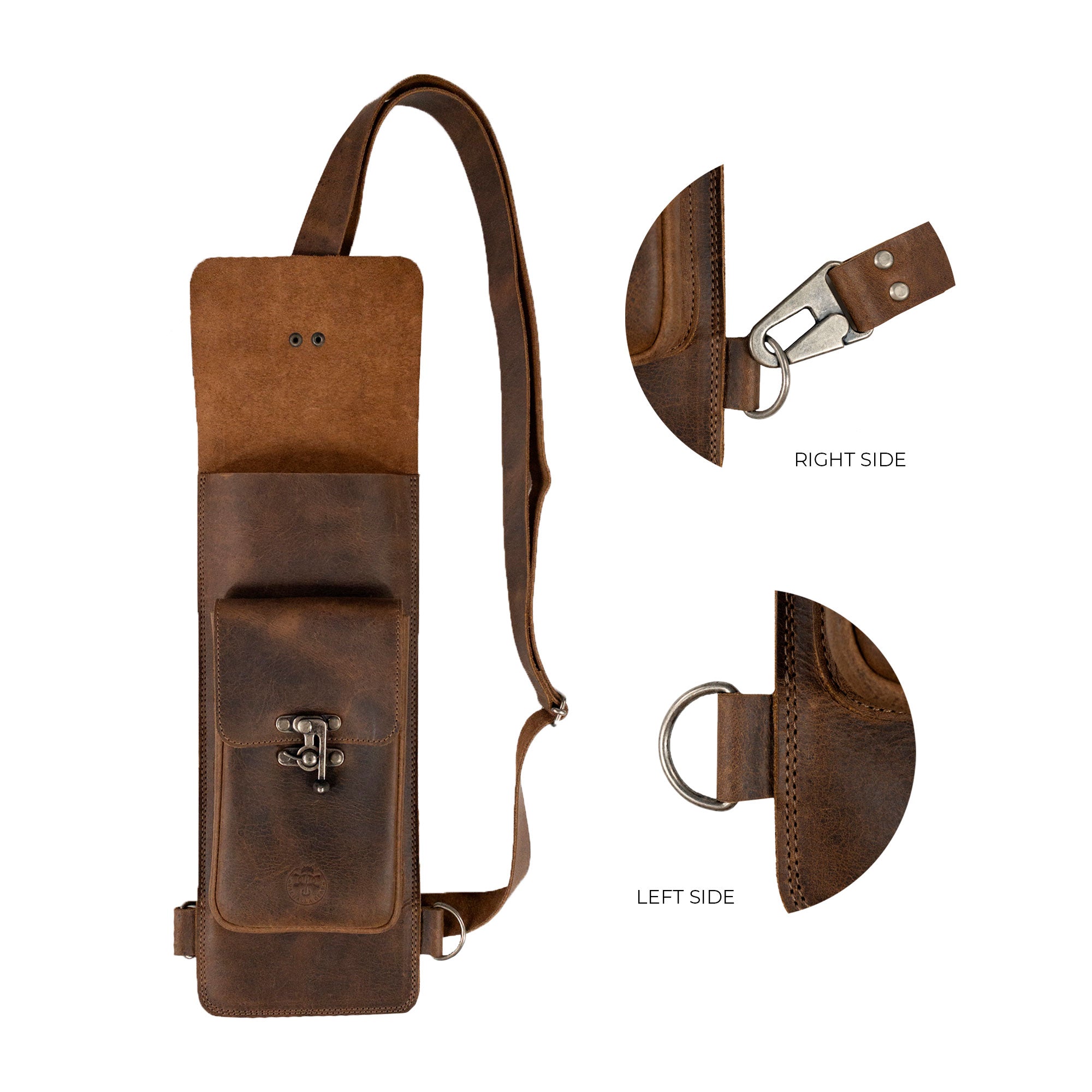 Detailed view of the Rectangular Archery Back Arrow Holder showing attachment points, made by Valhalla Gear, a vintage quiver for shooting practice crafted from full grain leather, meticulously hand cut and sewn.