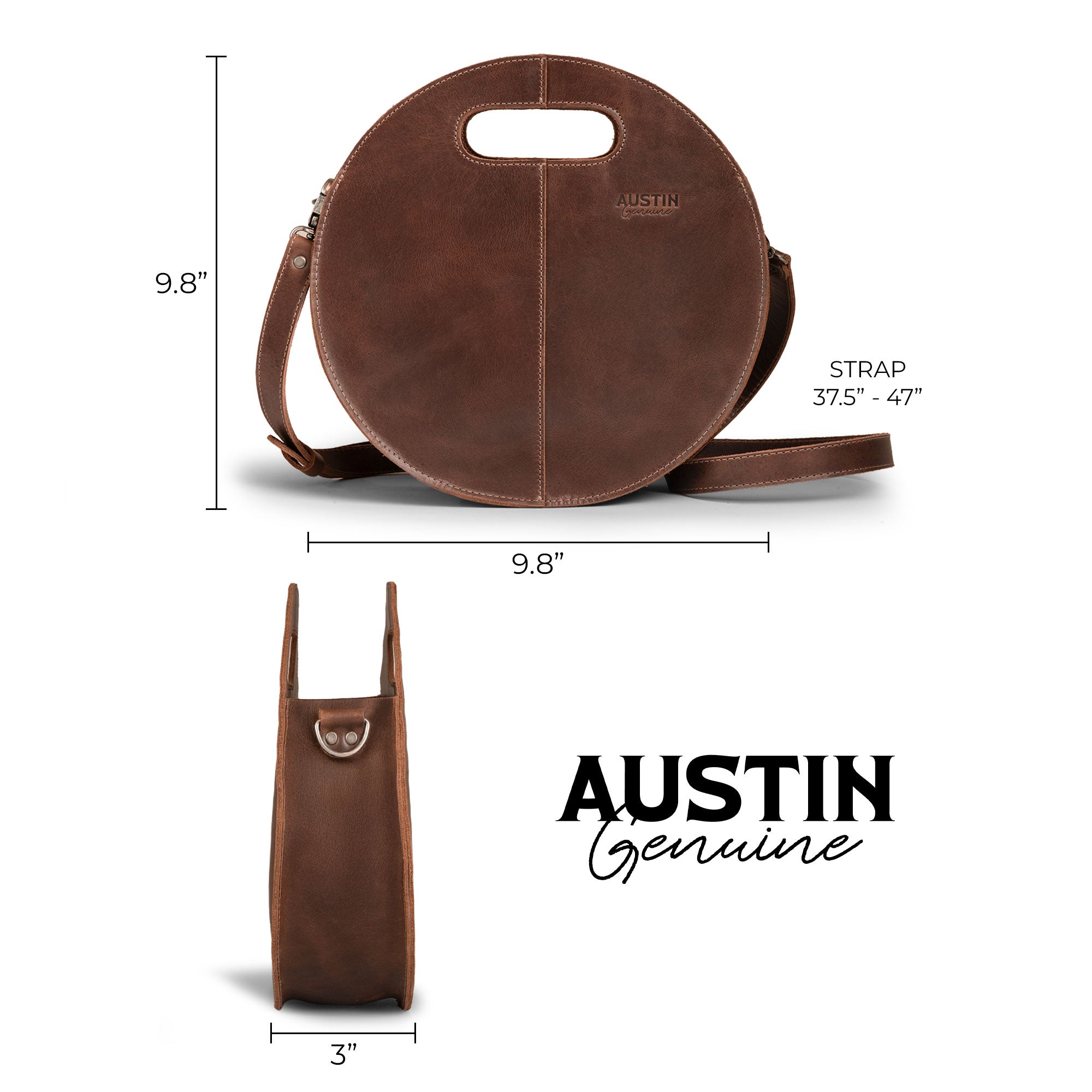 The Pecan Shoulder Bag by Austin Genuine, highlighting its dimensions alongside a sleek circular design, made from full grain leather, showcasing artisan skills with small batch production, hand cut, hand sewn, and featuring fire branded craftsmanship, made in La Antigua Guatemala & Oaxaca Mexico.