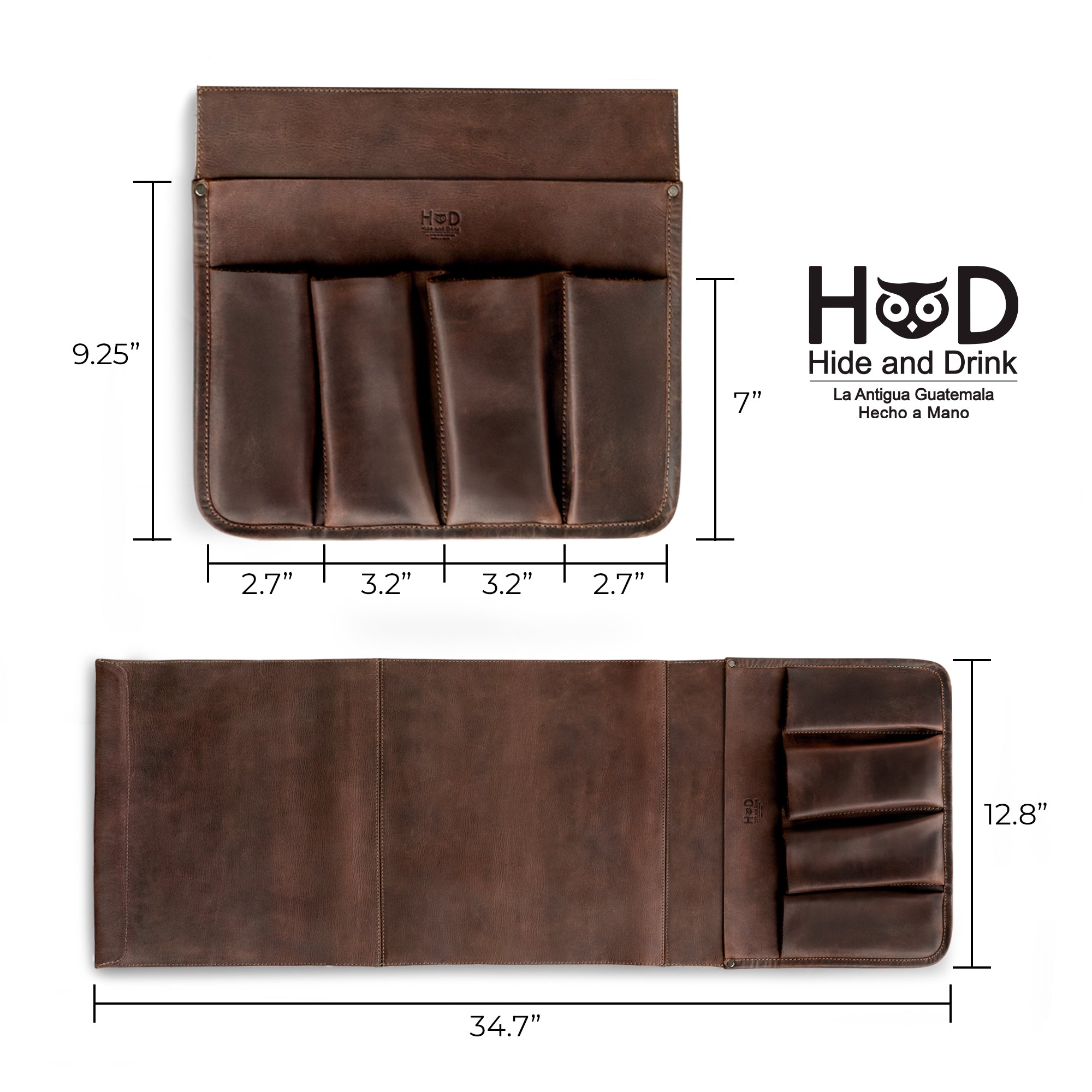 Detailed view of Hide & Drink’s Remote Control Holder with measurements displayed, highlighting its full grain leather construction and versatility as a couch potato essential. This artisan-made piece is designed for organizing, perfect as a remote control and magazine holder.