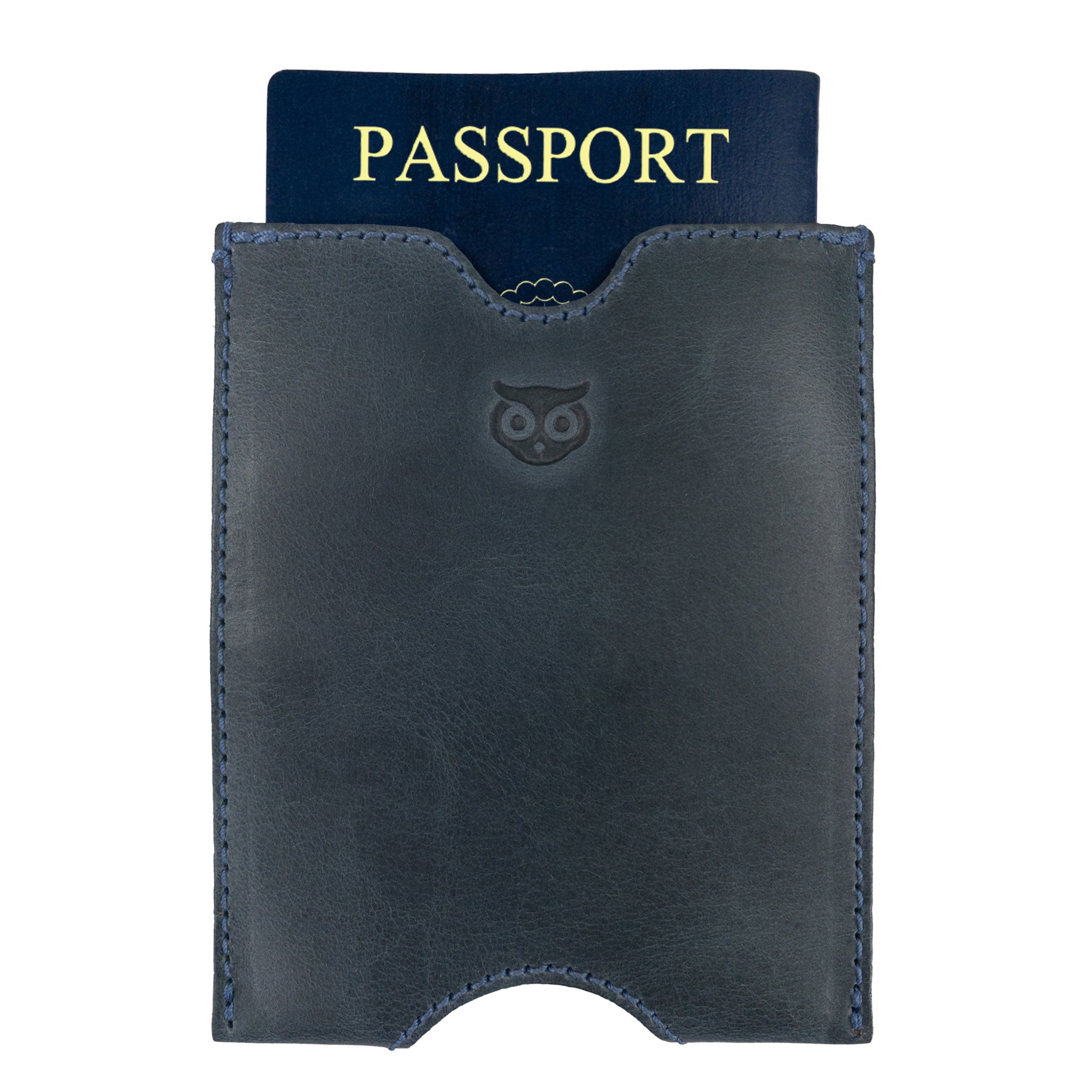 Hide & Drink Passport Sleeve with a U.S. passport inserted, showcasing the quality craftsmanship. This handmade travel passport pocket sleeve made of full grain leather is perfect for stylish travelers. Features tags: Travel Passport Pocket Sleeve, Full Grain Leather, StockyardX, Small Batch Production, Hand Cut, Hand Sewn, Fire Branded, Artisan, Handmade in La Antigua Guatemala & Oaxaca Mexico.
