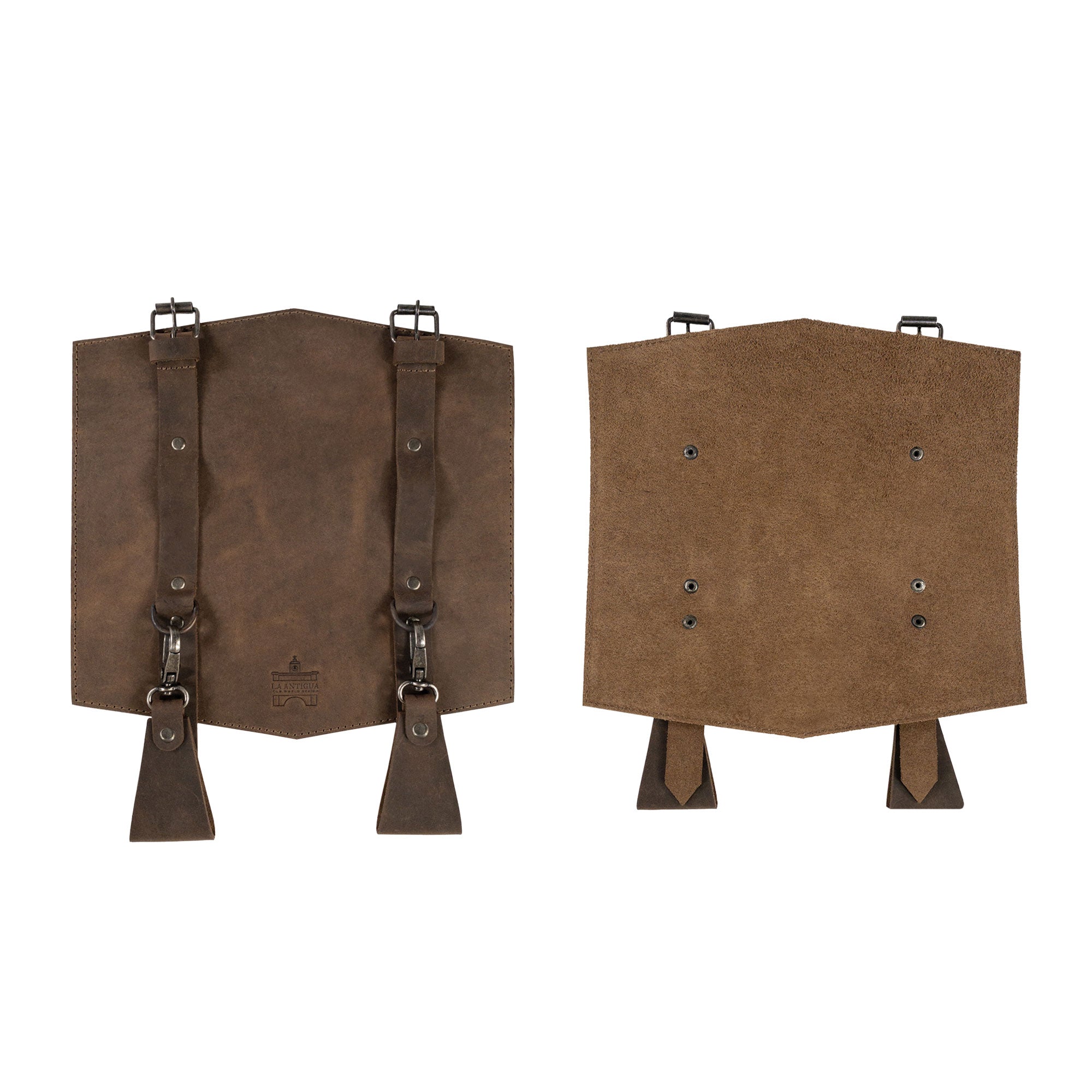 A flat view of La Antigua's Map Holder for Belt displays its unique shape and dual attachments, made from heavy-duty full grain leather. This multitool organizer signifies artisan craftsmanship with hand cut and hand sewn features, fire branded for quality, handmade in La Antigua Guatemala & Oaxaca Mexico.