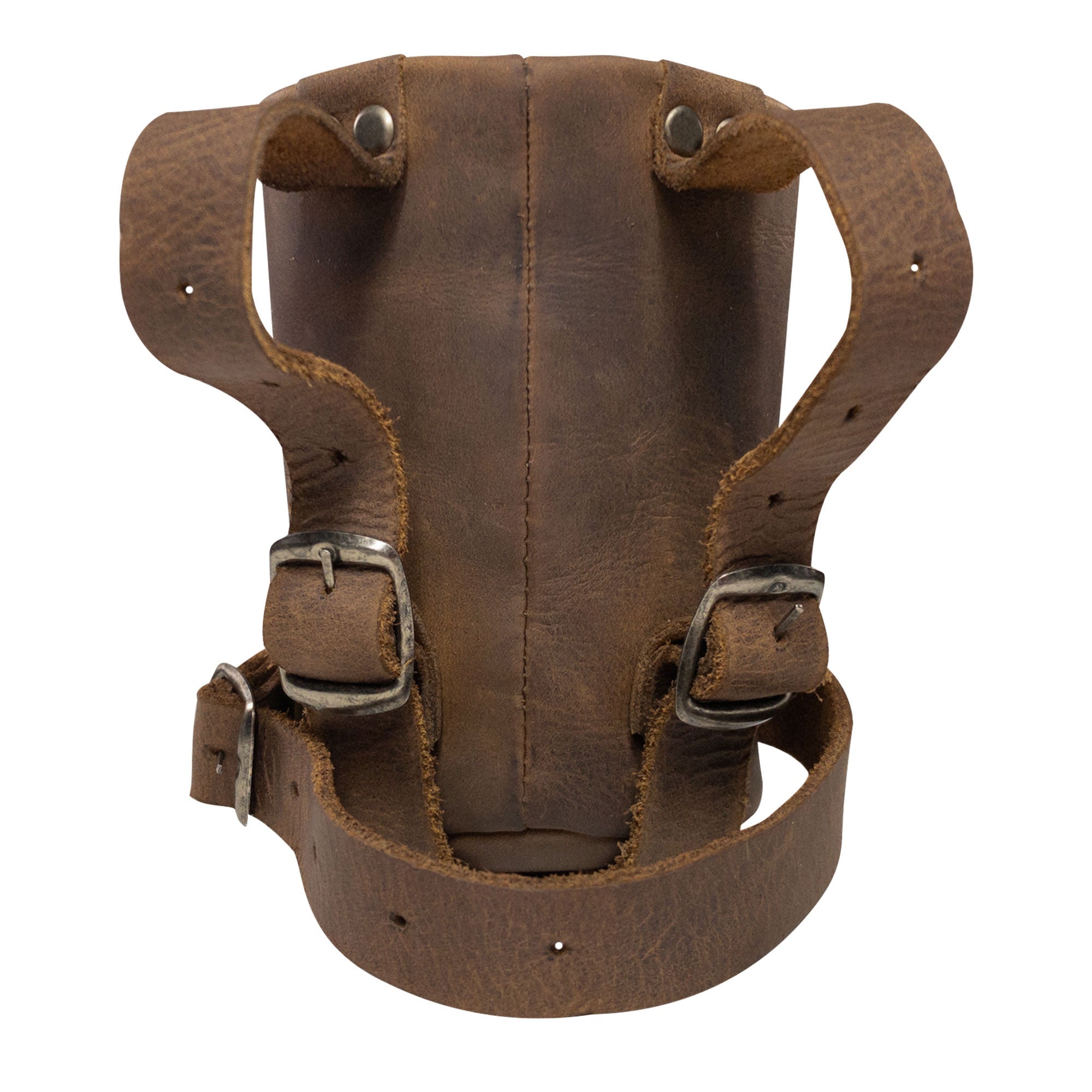 Back view of the Cruzy Bike Handlebar Cup Holder by Hide & Ride, featuring the strong leather straps and craftsmanship. This insulated beverage pouch is perfect for minimalist bikers, lovingly crafted in La Antigua Guatemala.