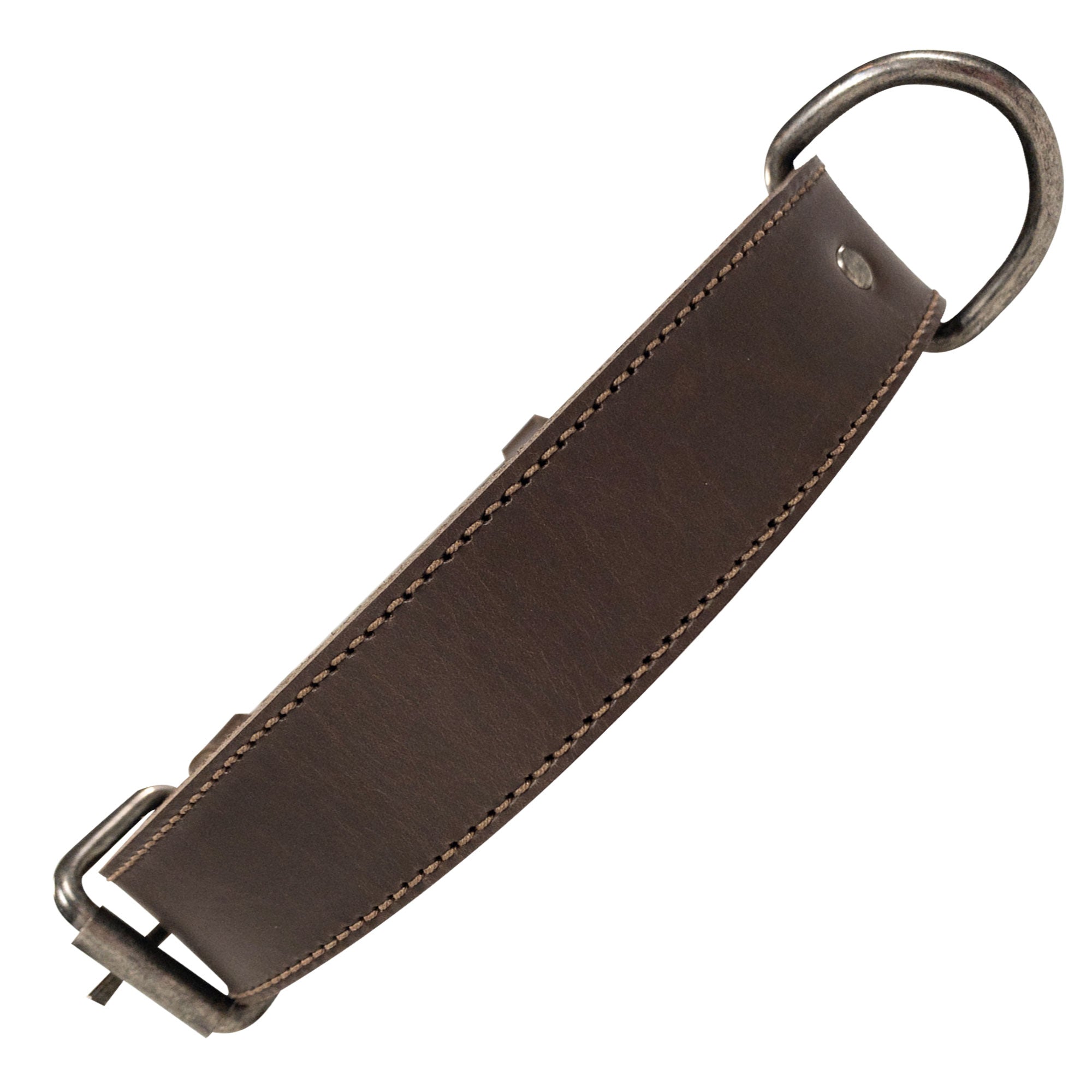 Close-up of the buckle on the Classic Dog Collar by Taco Dog, made from durable full grain leather. This adjustable collar is perfect for your puppy and enhances any outdoor adventure. Classic Dog Collar 1.25" Wide, hand cut and hand sewn by local artisans, ensuring quality and style.