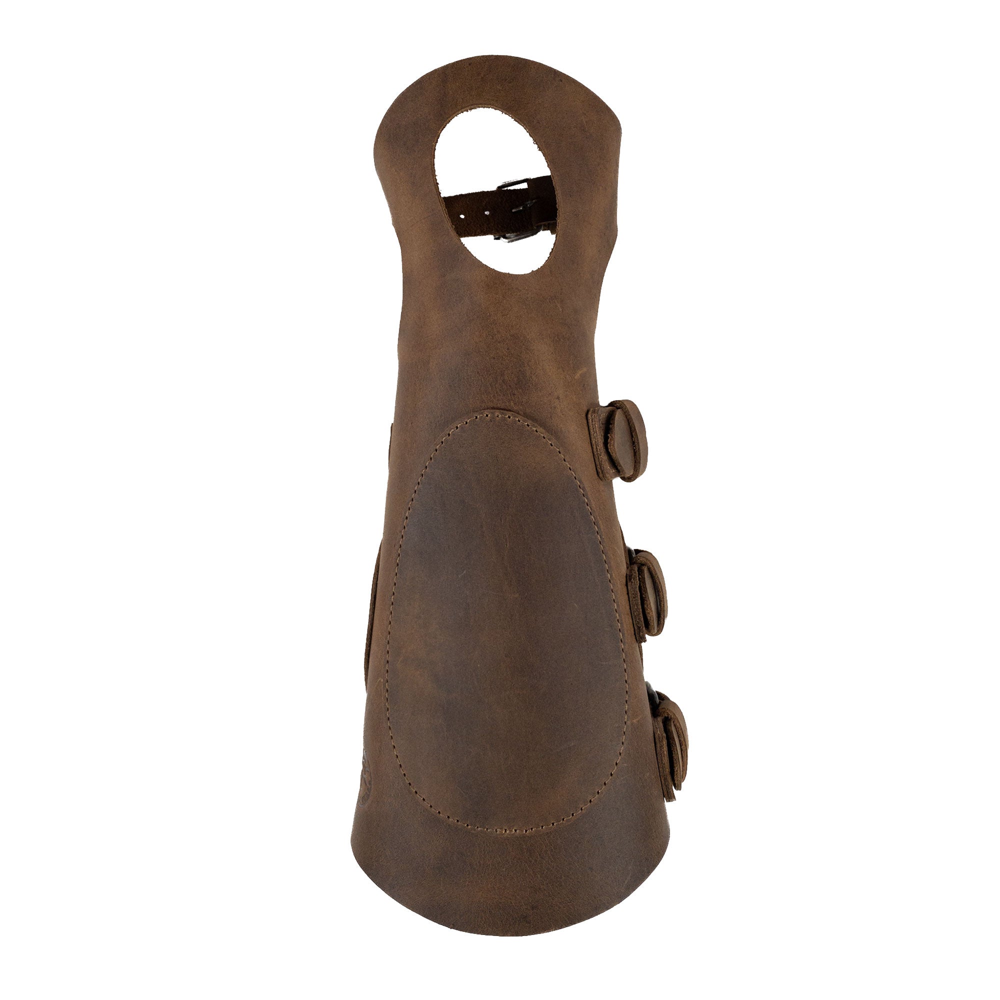 Front view of the Archery Bracer with Thumb Slot from Valhalla Gear, beautifully crafted from full grain leather. Designed for comfort and style, this wrist guard features adjustable buckle straps, making it an excellent choice for cosplay. Artisan crafted in La Antigua Guatemala, it embodies small batch production and quality.
