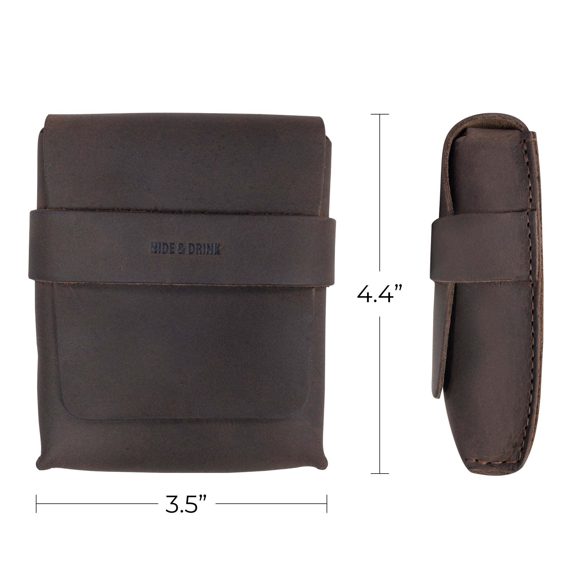 Hide & Drink Card Organizer Pouch with dimensions shown, built from high-quality full grain leather. This card organizer pouch holds up to 12 cards plus folded bills, making it a stylish accessory that emphasizes small batch production and artisan methods, handcrafted in La Antigua Guatemala & Oaxaca Mexico.