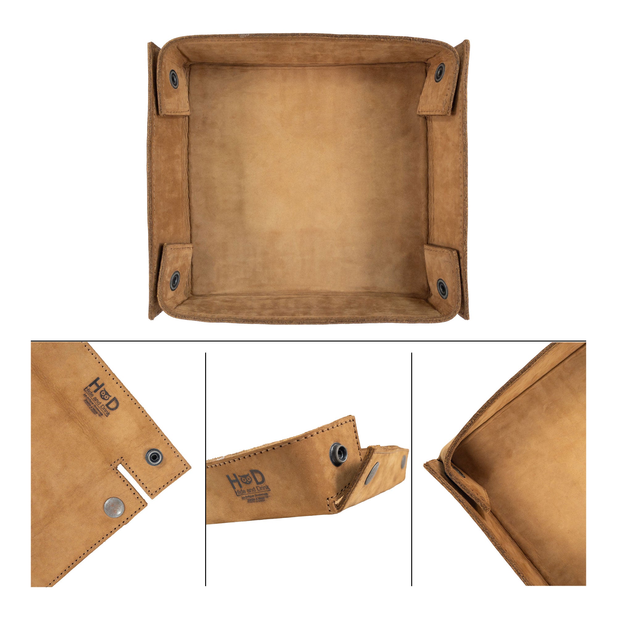 Hide & Drink Jumbo Tray, a vintage-style catchall made with full grain leather for organizing essential items like keys and jewelry. This durable product showcases artisan creation from La Antigua Guatemala.