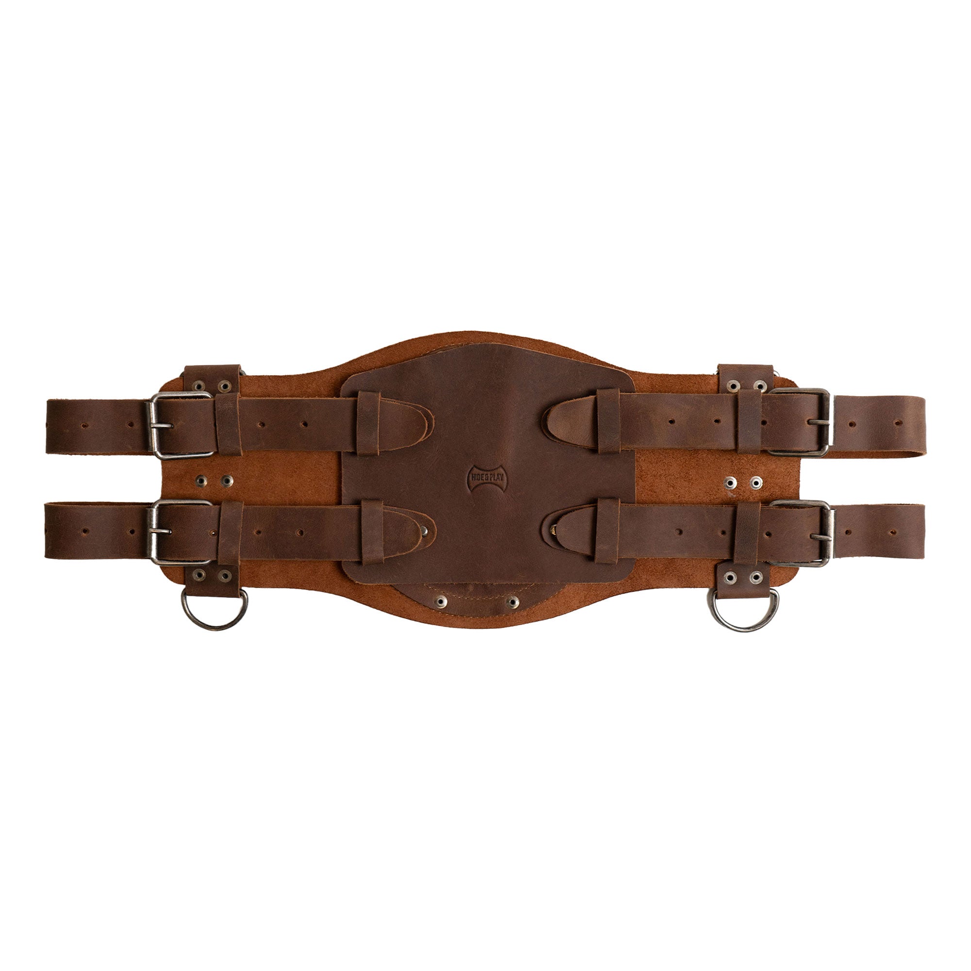 Top view of the Viking Belt by Hide & Play, featuring its rustic full grain leather material and adjustable straps. A perfect accessory for cosplay and costume parties, ideal for LARPing, with artisan quality from La Antigua Guatemala and Oaxaca Mexico.
