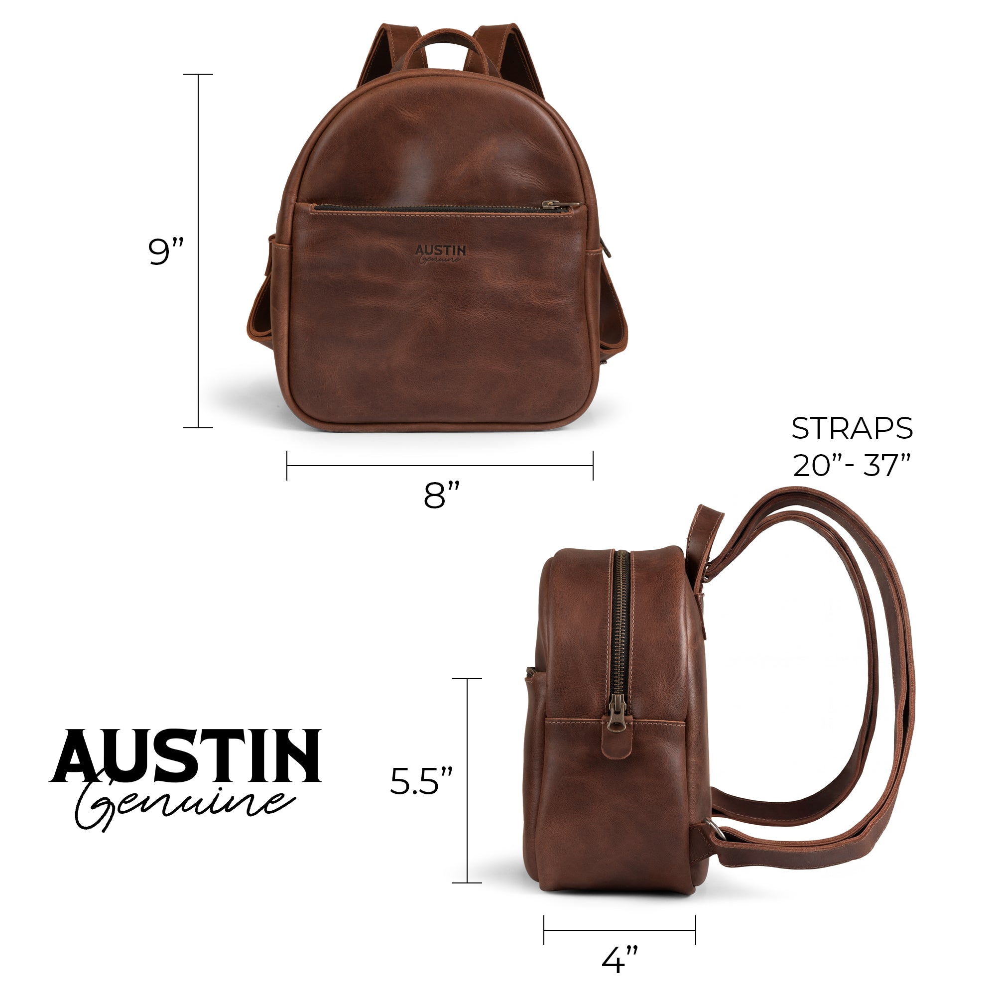Dimensions of The Holly Mini Backpack by Austin Genuine displayed graphically, emphasizing its practical size and durable full grain leather, marked by tags such as Full Grain Leather, StockyardX, Small Batch Production, Hand Cut, Hand Sewn, Fire Branded, Artisan, Handmade in La Antigua Guatemala & Oaxaca Mexico.