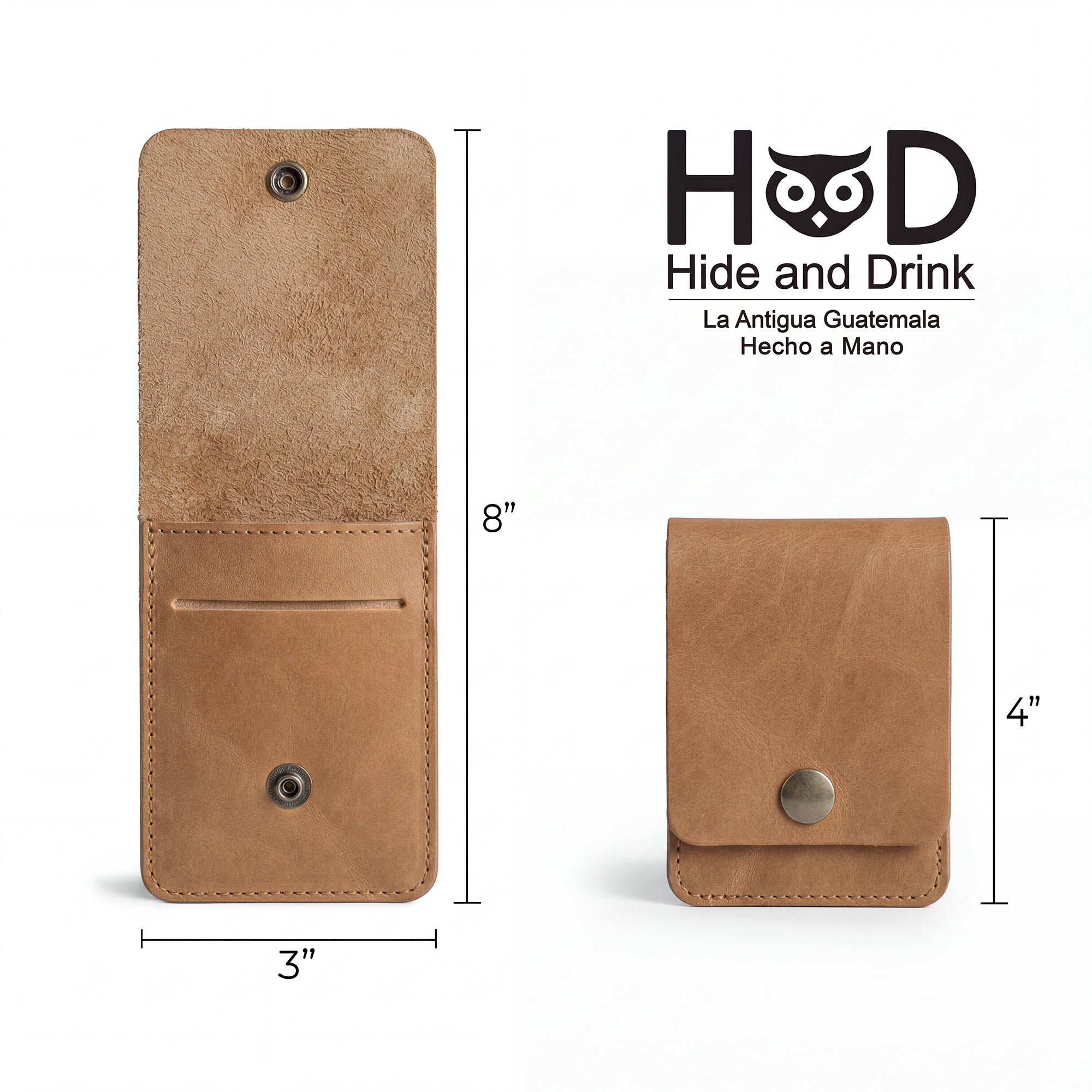 Dimensions of the brown Vertical Wallet by Hide & Drink, depicting its practicality for front pocket use. This Vertical Front Pocket Wallet with Card Slot offers compact storage for cash alongside card holding capacity, made from resilient full grain leather through small batch production methods, with hand cut, hand sewn, and fire branded finishes. Handmade in La Antigua Guatemala & Oaxaca Mexico.