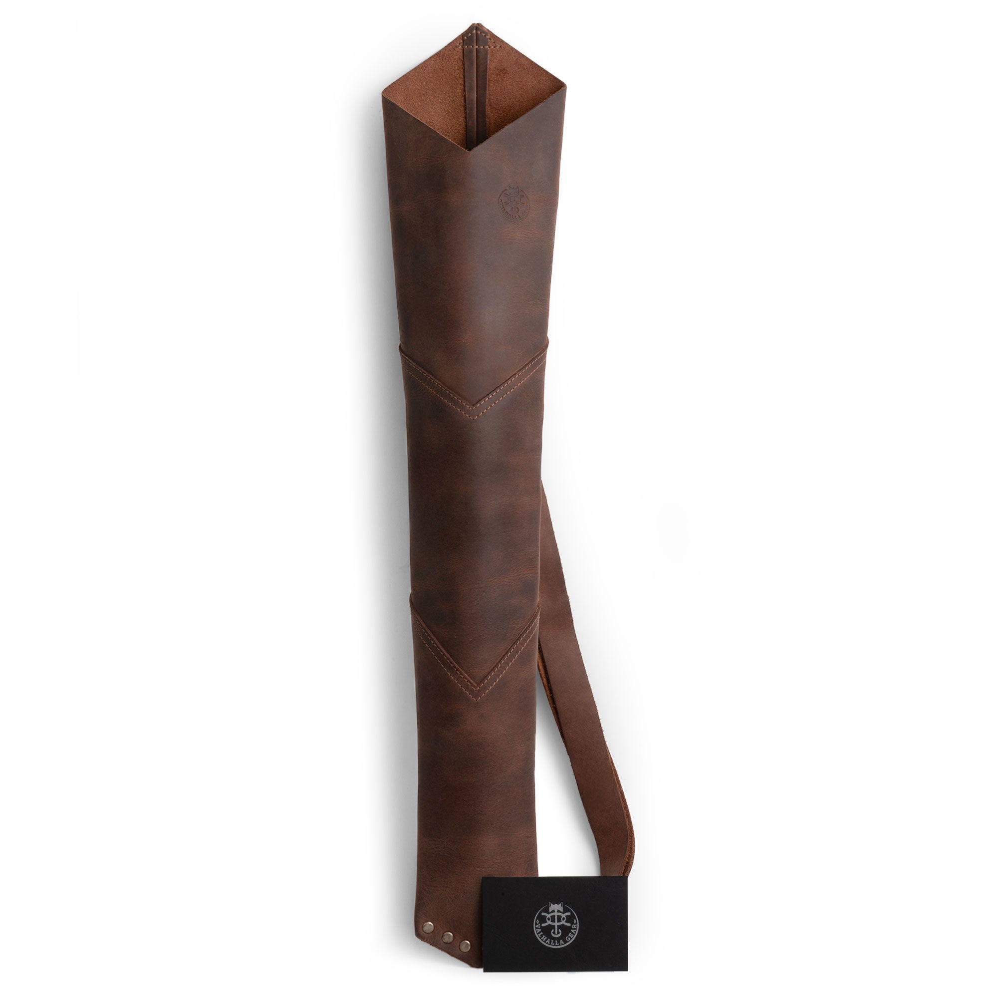 Valhalla Gear's Back Quiver beautifully presented, emphasizing its premium full grain leather material. This artisan-made vintage holder for archery shooting practice reflects small batch production values, being hand cut and hand sewn in Oaxaca Mexico. A perfect blend of style and function for archers.