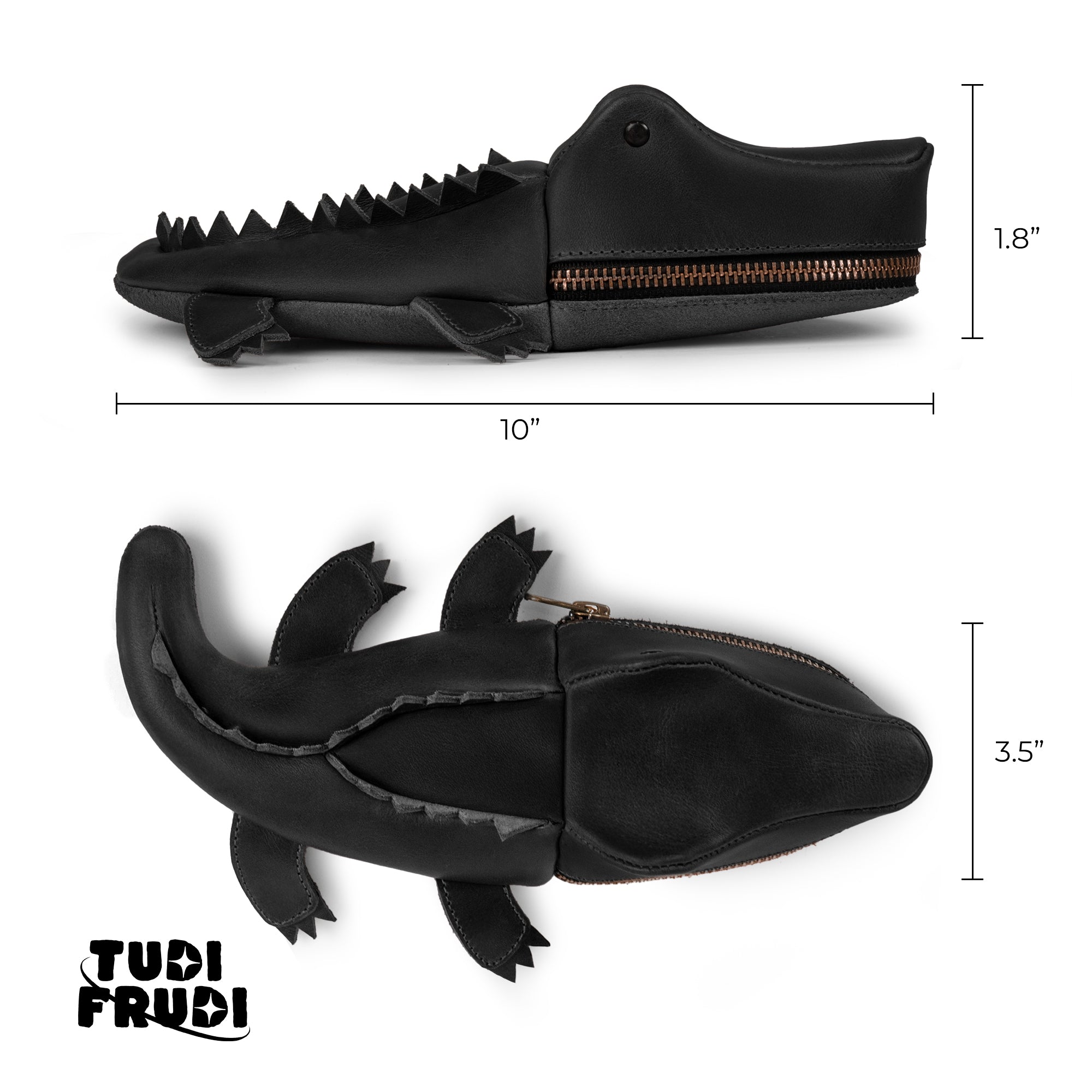 Dimensions of the Leather Gator Pouch by Tudi Frudi, displayed with measurements. This versatile and stylish pouch, shaped like a crocodile, serves as a travel zippered bag, change holder, or scissors case, crafted from artisan-quality full grain leather, hand cut and sewn in La Antigua Guatemala & Oaxaca, Mexico.