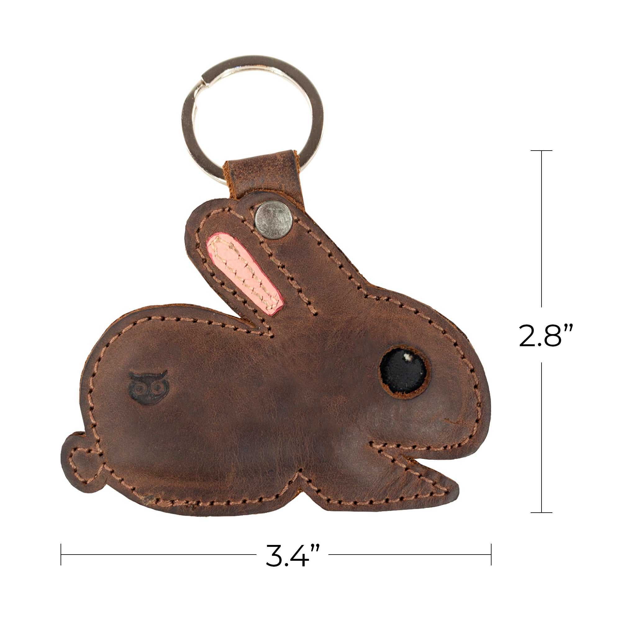 Bunny Critter Key Chain by Hide & Drink, displaying its dimensions and unique features. This Animal Key Ring Holder is handcrafted from sturdy Full Grain Leather, ideal for key organization. Artisan made in La Antigua Guatemala & Oaxaca Mexico.