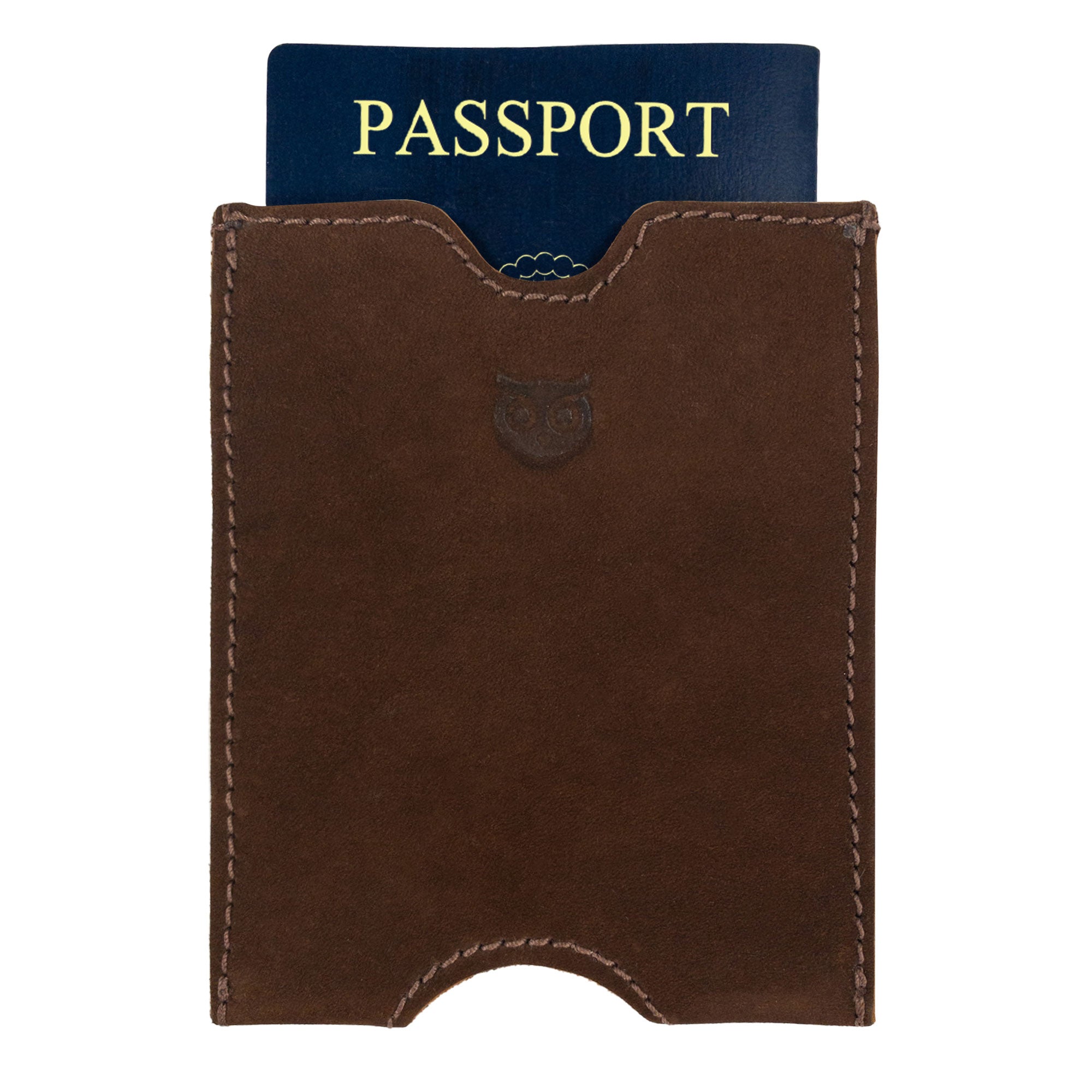 Hide & Drink's brown Passport Sleeve holding a passport, designed for style and convenience. This Passport Sleeve is made from Full Grain Leather and handcrafted, representing Small Batch Production.