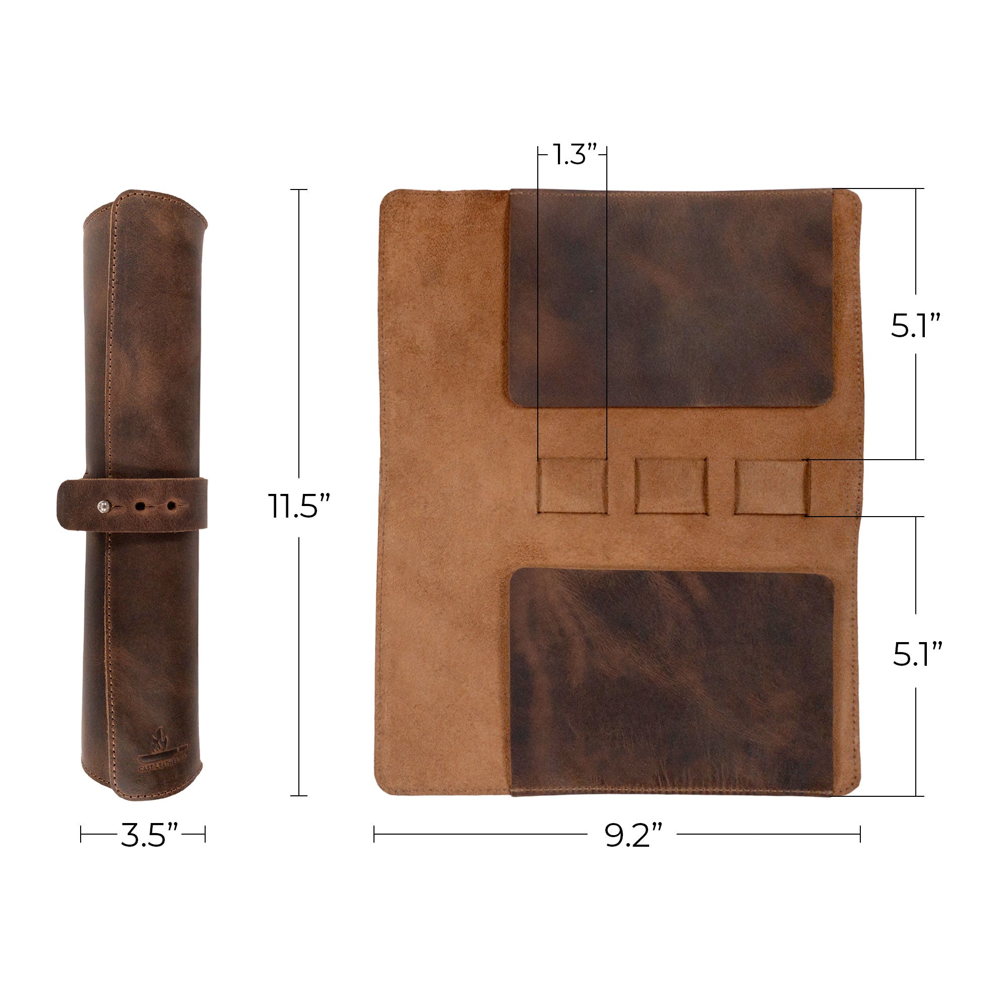 Detailed specifications of the Rectangular Knife Case with 3 Slots by Cast Leather Co., illustrating dimensions and features. This Portable Knife Organizer is essential for chefs, serving as a reliable Travel Bag for culinary accessories, constructed from Full Grain Leather with a nod to artisan techniques in La Antigua Guatemala.
