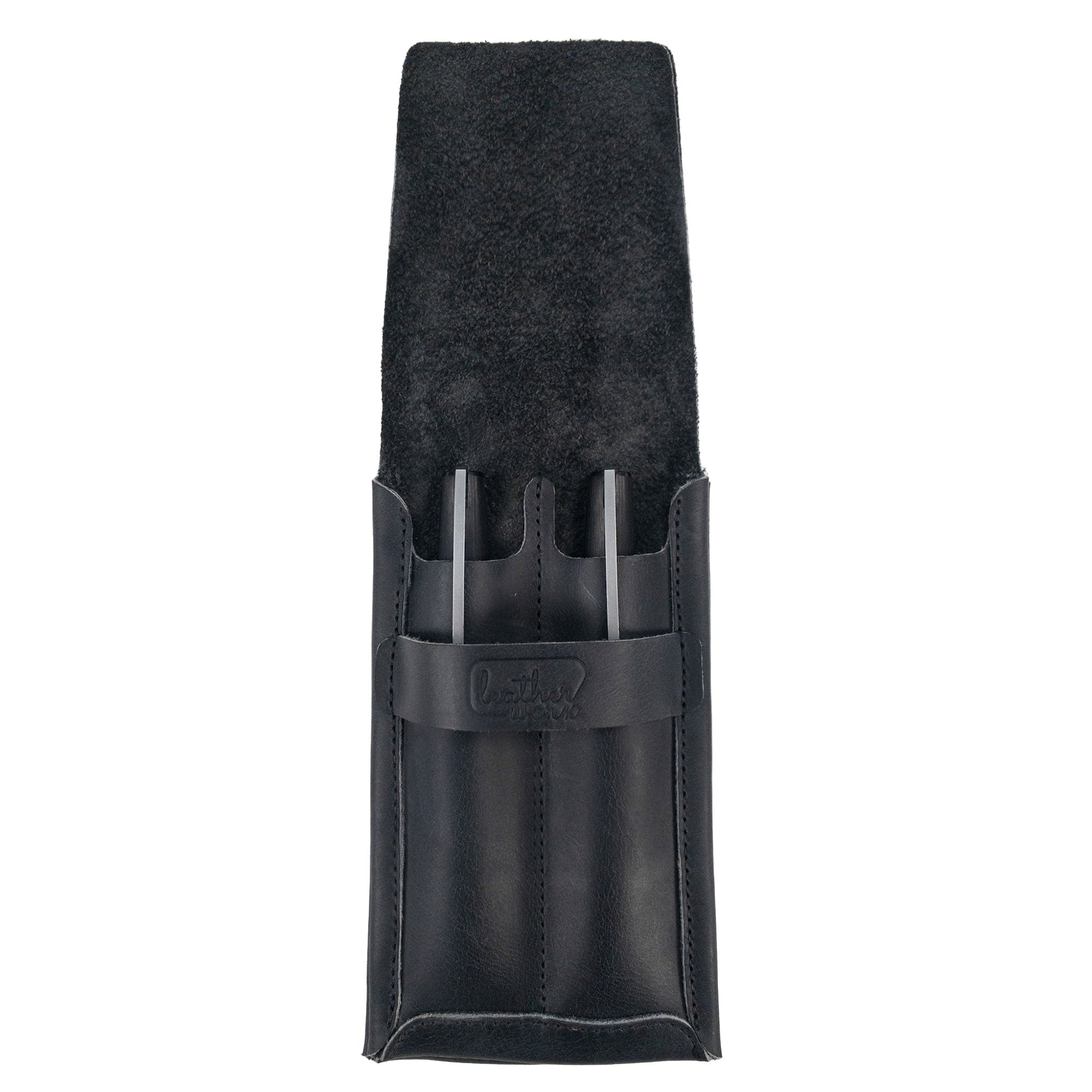 Handmade Double Pen Case by Leather Worx, crafted from Full Grain Leather. This artisan piece showcases small batch production with hand cut and hand sewn details. Fire branded and designed for durability, this case is perfect for everyday use and is made in La Antigua Guatemala.