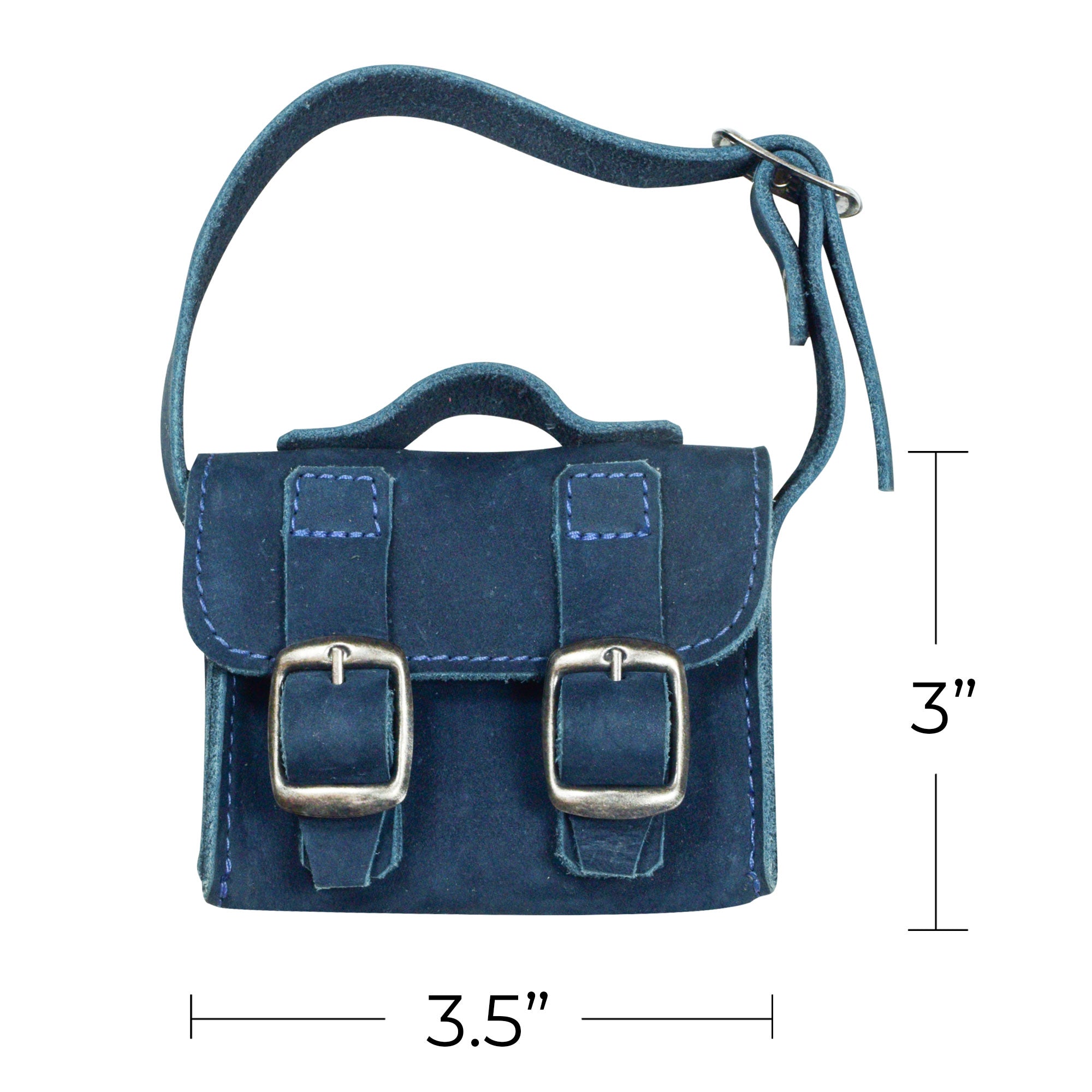 Size dimensions of the navy Tiny Messenger Bag by Hide & Drink, measuring 3.5 inches by 3 inches. This versatile Mini Messenger Bag Charm in Full Grain Leather is designed for keychain or handbag use, showcasing careful artisan craftsmanship from La Antigua Guatemala.