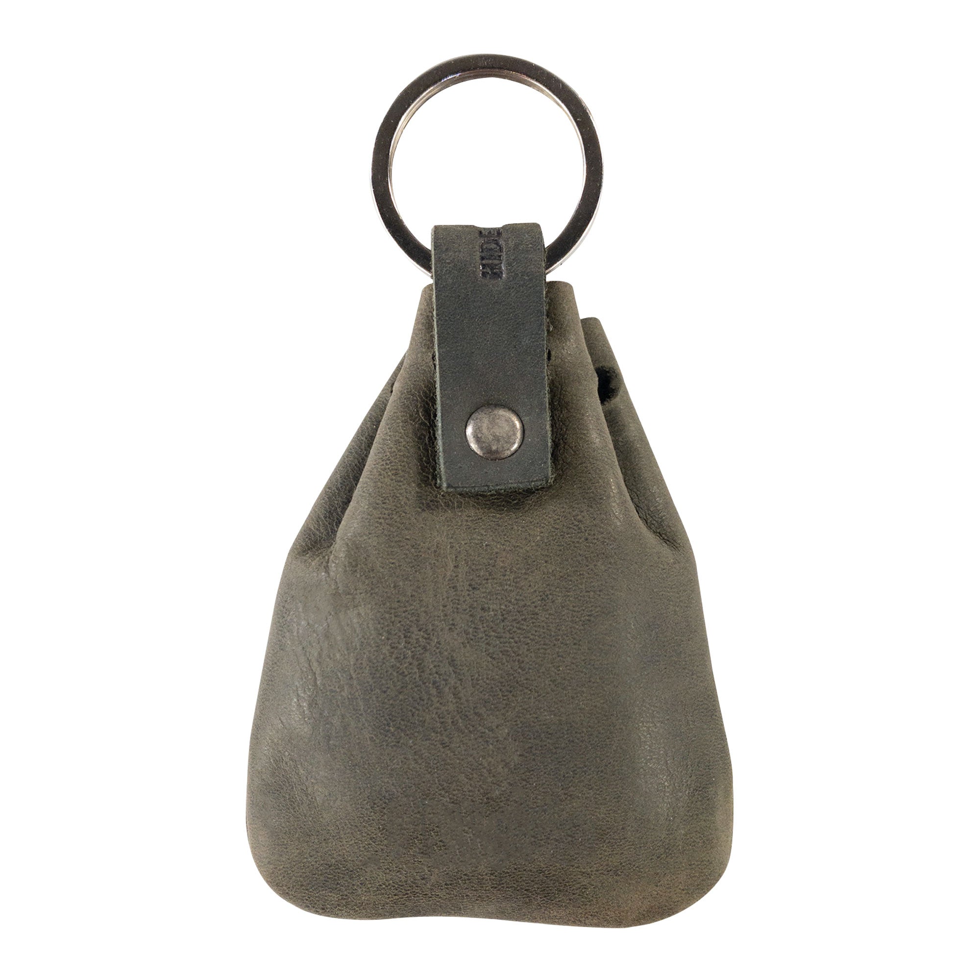 Front view of the Mini Medieval Pouch Keychain by Hide & Drink, emphasizing the drawstring closure. This tiny bag with keyring is crafted from full grain leather and effectively serves as a coin organizer while showcasing artisan craftsmanship from La Antigua Guatemala.