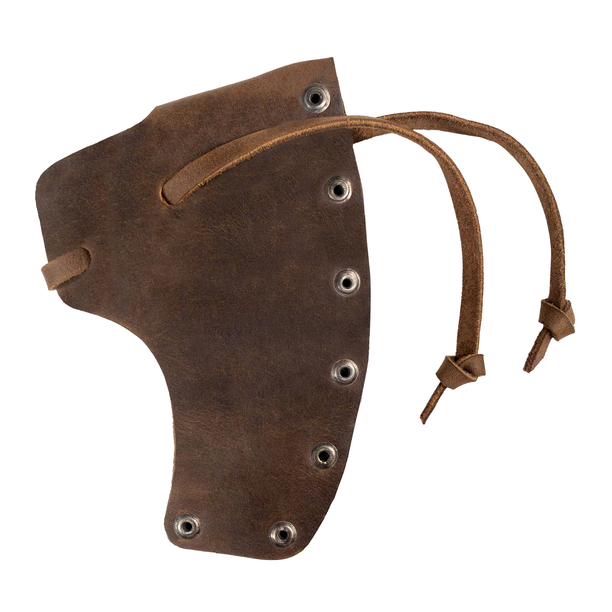 The Axe Head Sheath with String by Valhalla Gear, laid flat to show its unique shape and craftsmanship. Made from full grain leather through a small batch production process, this stylish accessory is essential for any hatchet owner and complements biker gear beautifully.