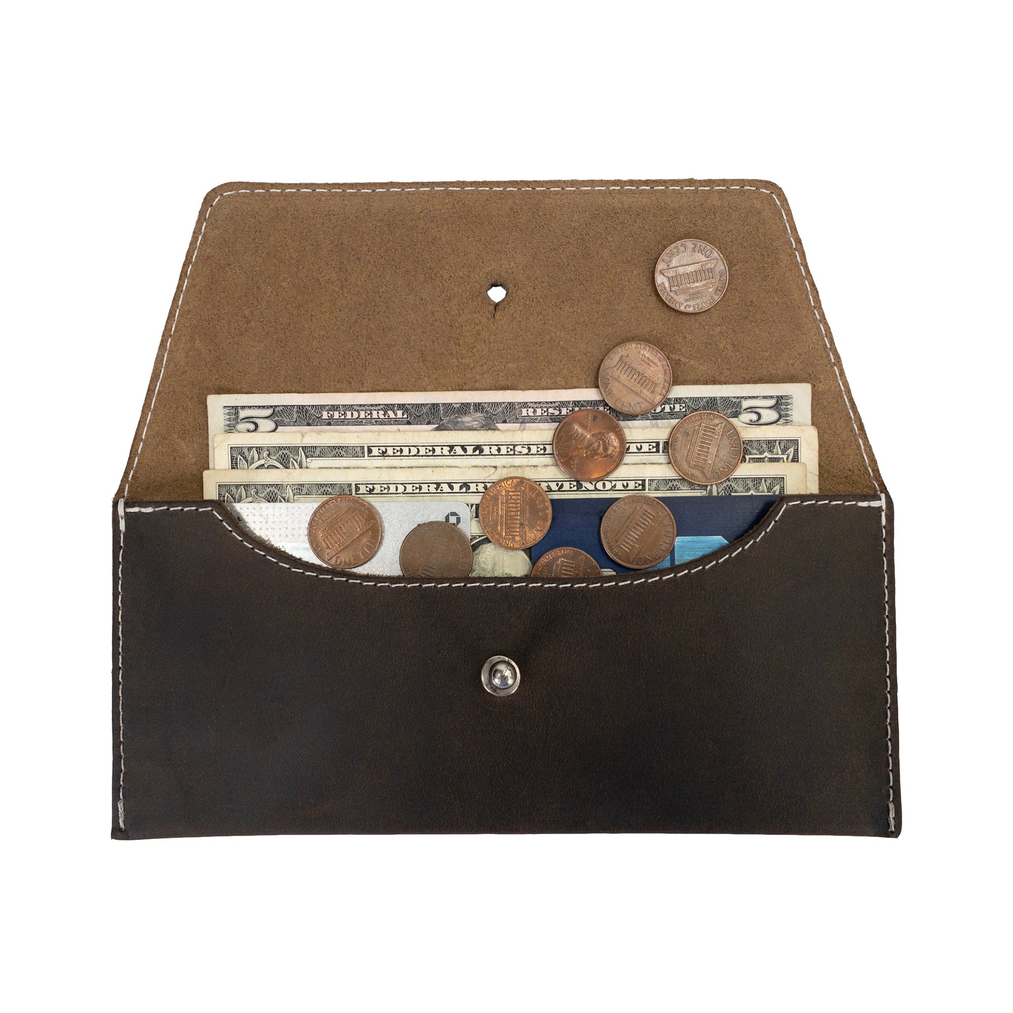The Long Utility Pouch by Hide & Drink filled with coins and cash, showcasing its practicality and stylish appeal for everyday organization.