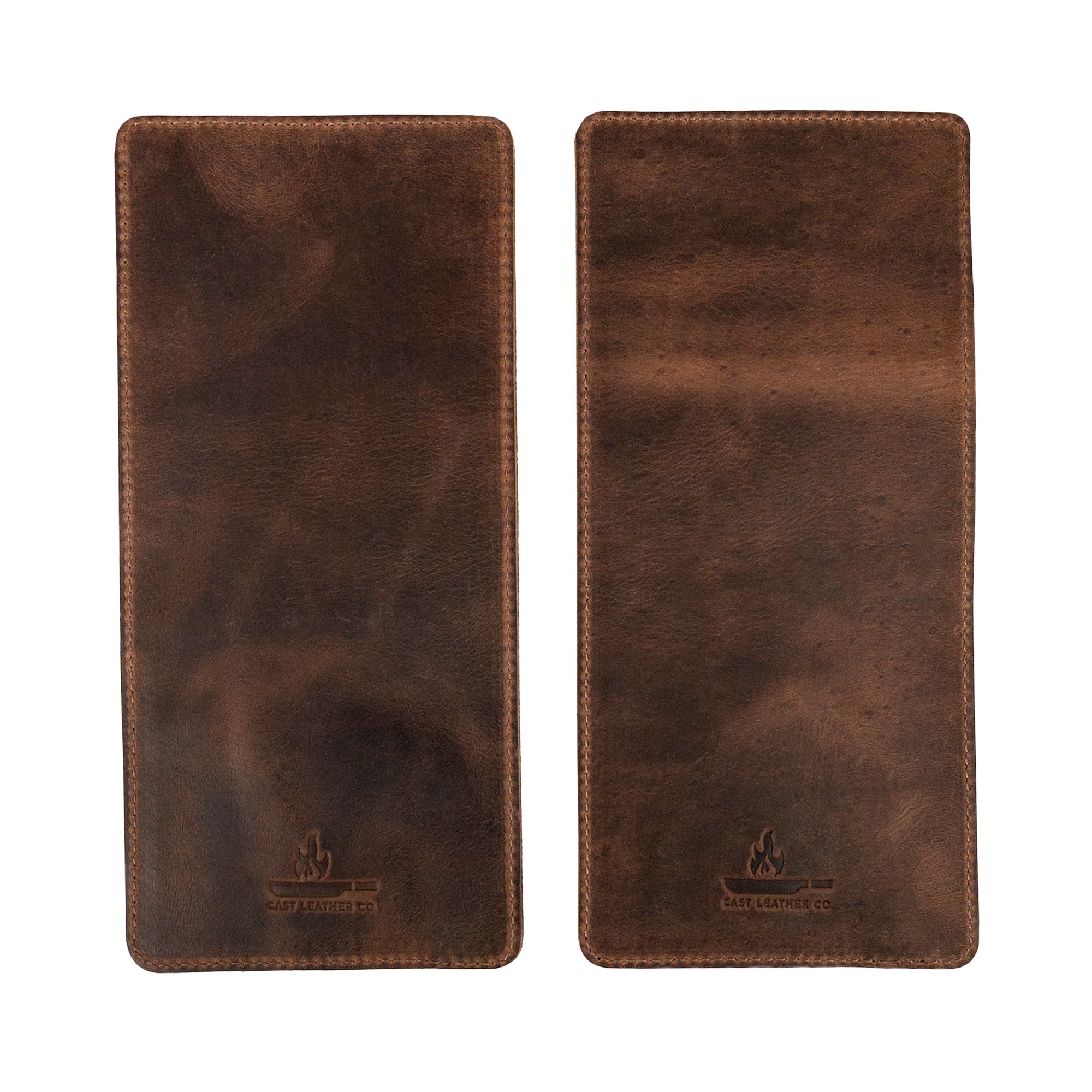 Back view of the durable Set of 2 Rectangular Sleeves for Cutlery by Cast Leather Co., showcasing premium full grain leather. Perfect for any flatware, emphasizing artisanal quality with hand cut, hand sewn, and fire branded features, all handcrafted in La Antigua Guatemala & Oaxaca Mexico.