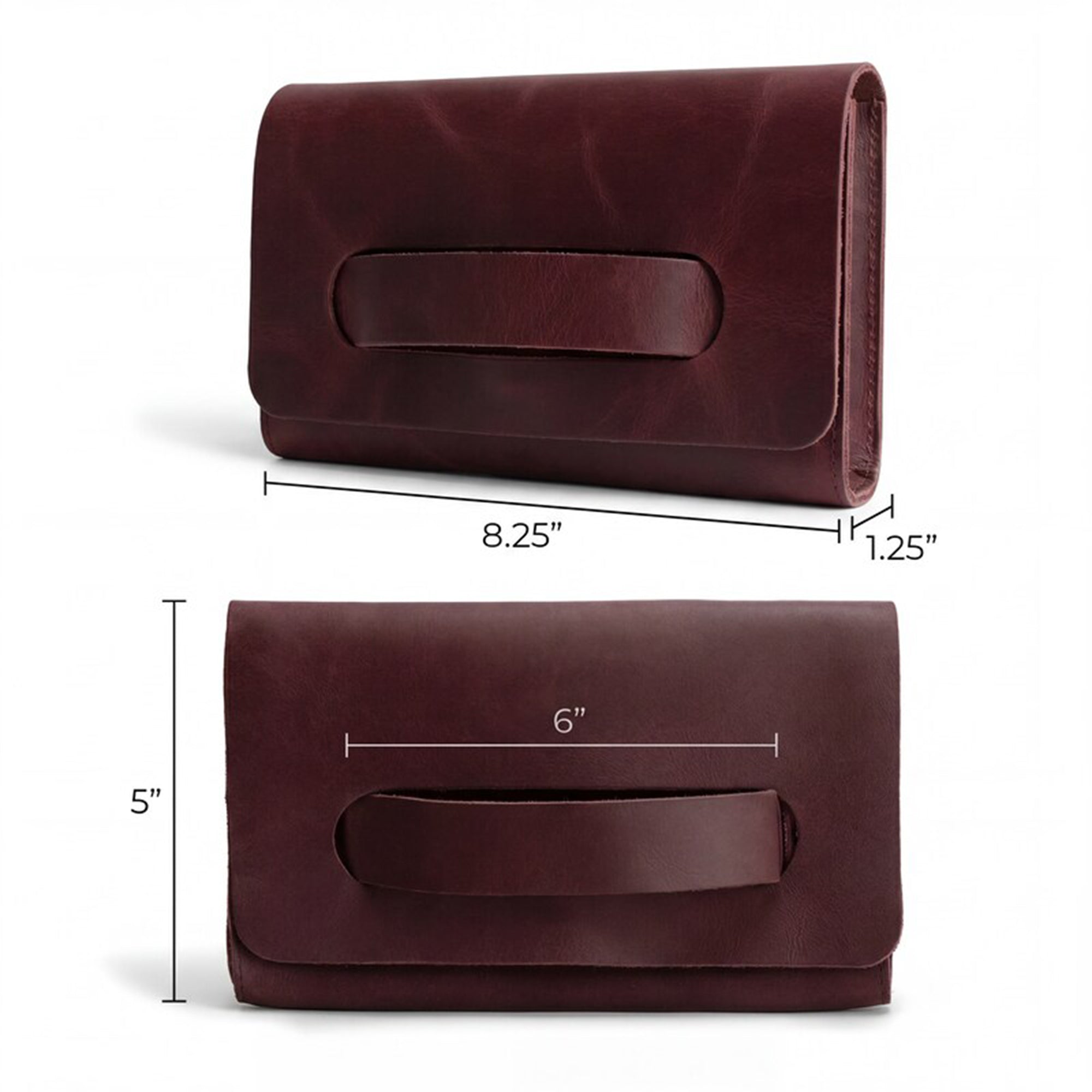 Dimensions of the maroon Clutch Bag With Handle by Hide & Drink, emphasizing its chic design. This Full Grain Leather Clutch Bag with Handle is an excellent choice for women seeking a functional handbag or night bag, handmade in Guatemala and Mexico.