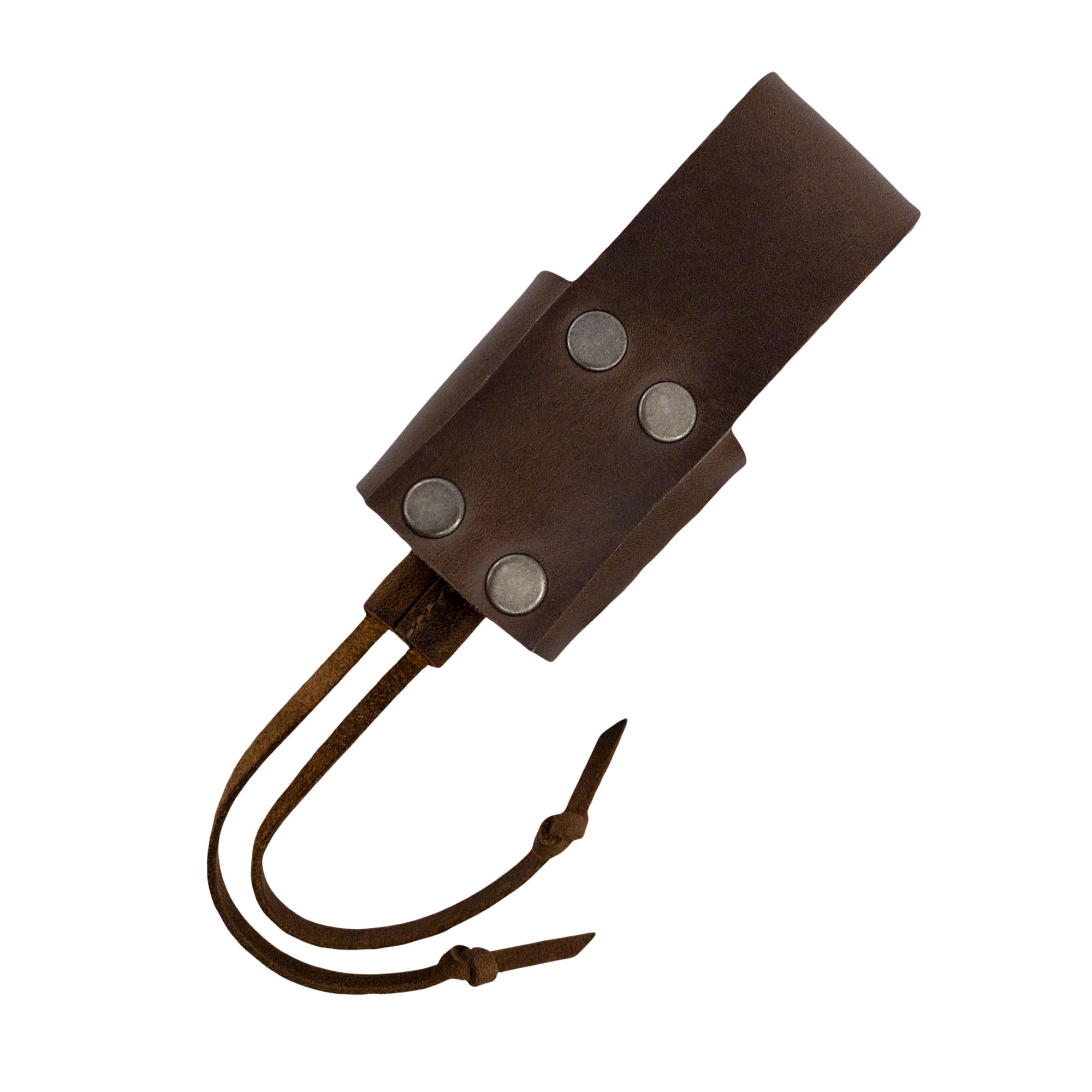 Reverse view of the Braided Axe Holder with Belt Loop by Valhalla Gear, showing its durable design with metal elements. Perfect for outdoor activities including camping and cosplay, this handmade leather product is an essential tool organizer.