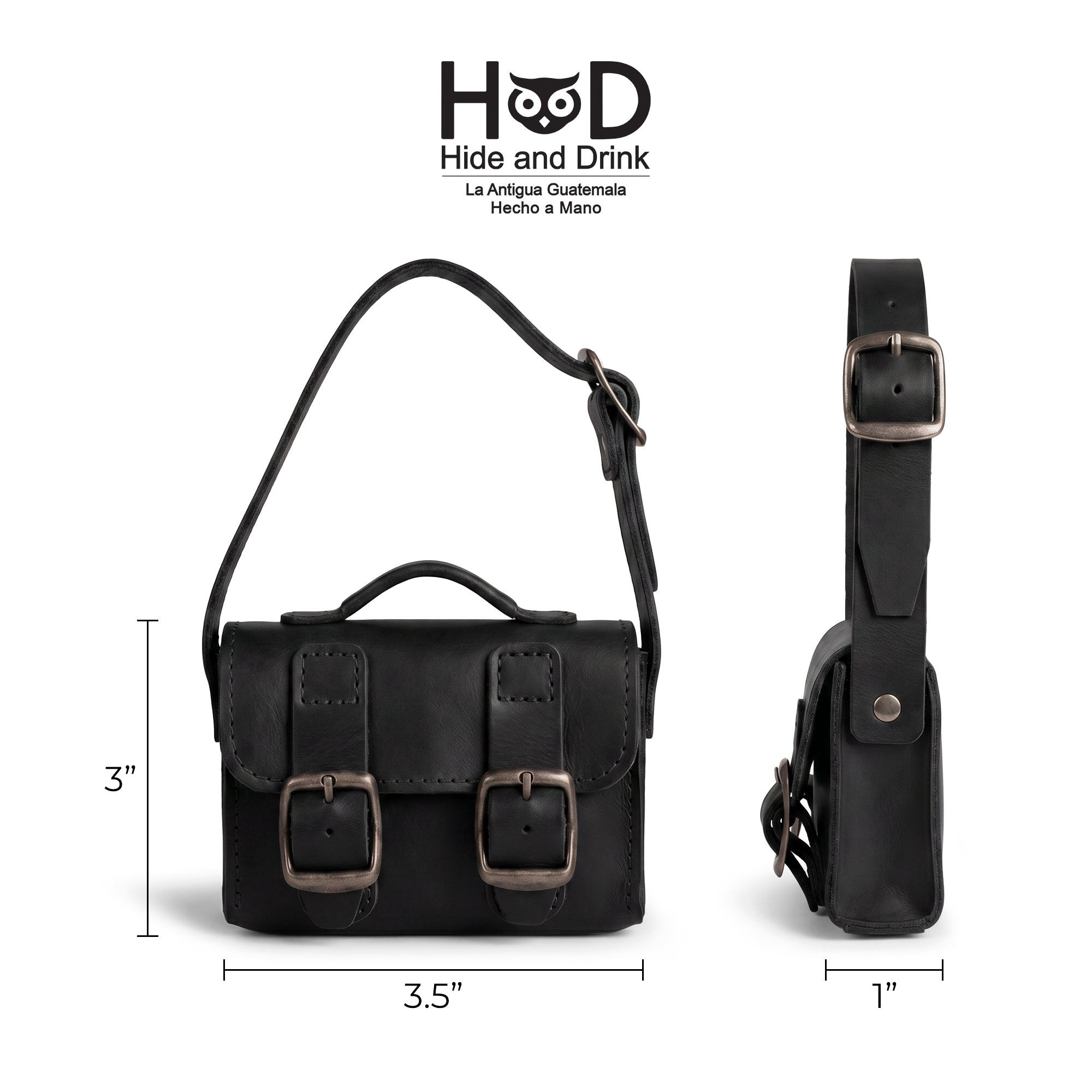 Size dimensions of the Black Tiny Messenger Bag by Hide & Drink, clearly displaying its compact design. This Mini Messenger Bag Charm, made from durable Full Grain Leather, is ideal for a keychain, crafted with artisan care in La Antigua Guatemala.