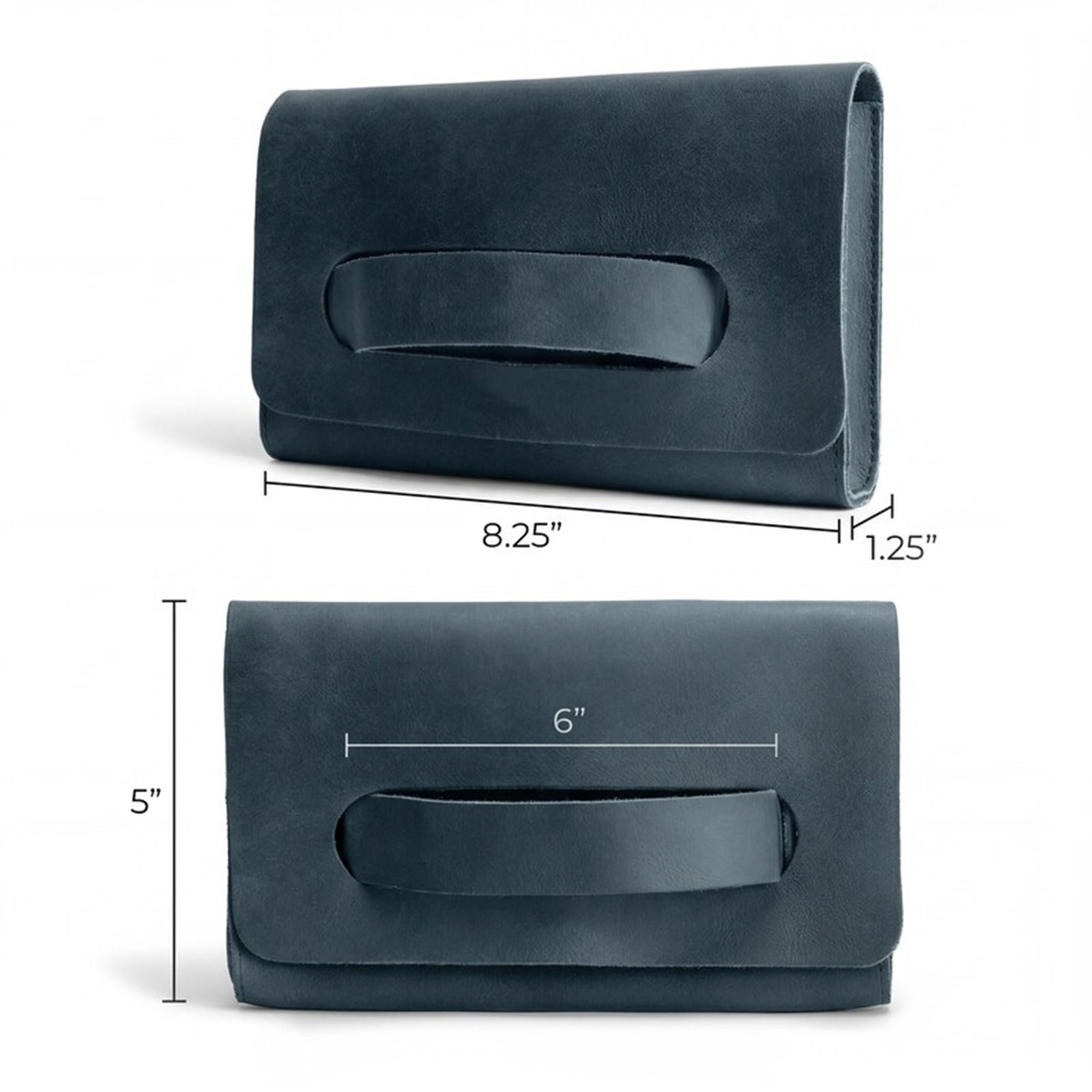 Dimensions of the navy Clutch Bag With Handle by Hide & Drink, showcasing its elegant design. This Full Grain Leather Clutch Bag with Handle is an ideal handbag for women, lovingly made in La Antigua Guatemala & Oaxaca Mexico.
