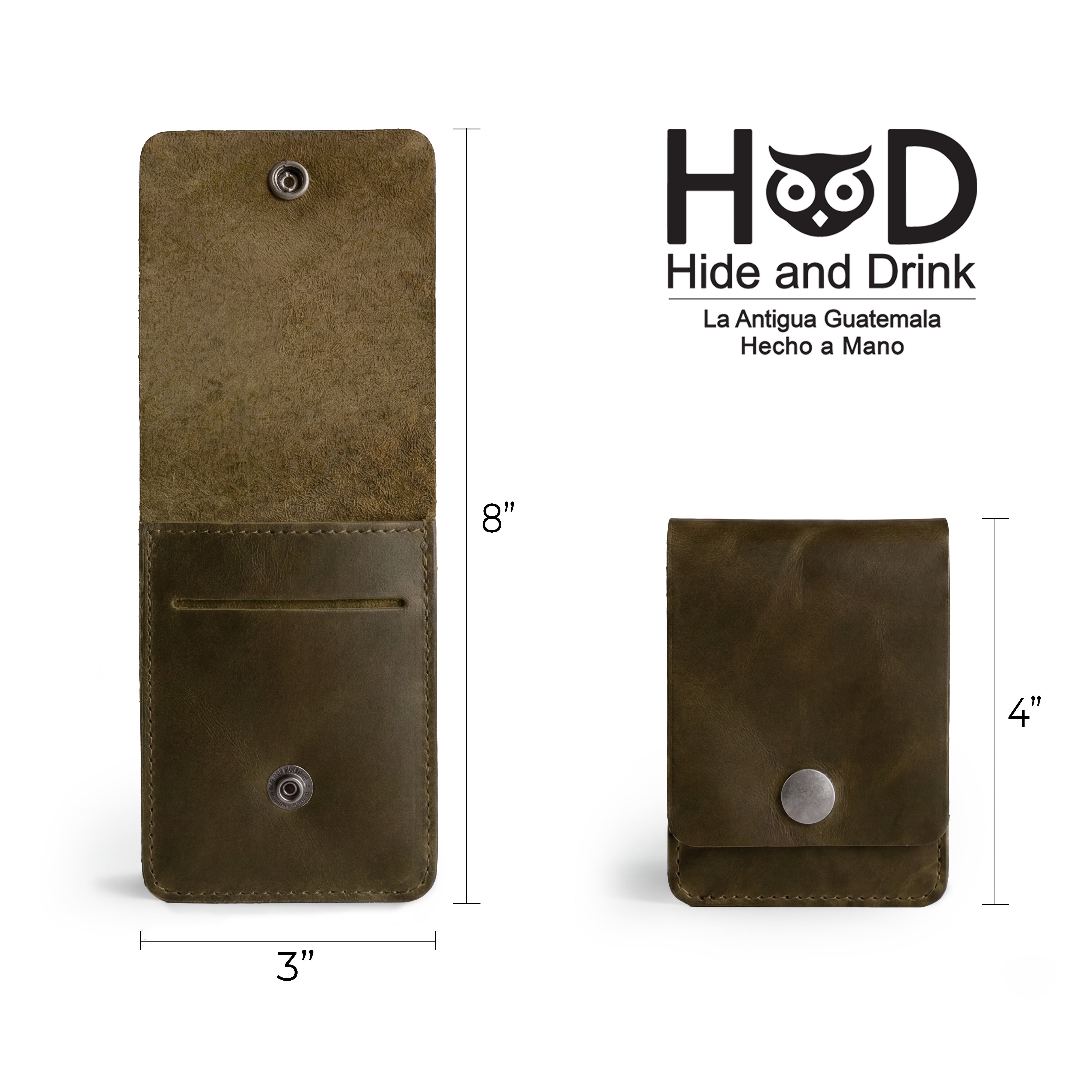 Dimensions of the green Vertical Wallet by Hide & Drink, illustrating its practicality in small pockets. This Vertical Front Pocket Wallet with Card Slot offers compact storage for bills and functions as a card holder, made from high-quality full grain leather through small batch production methods, featuring hand cut and hand sewn details and fire branding. Handmade in La Antigua Guatemala & Oaxaca Mexico.