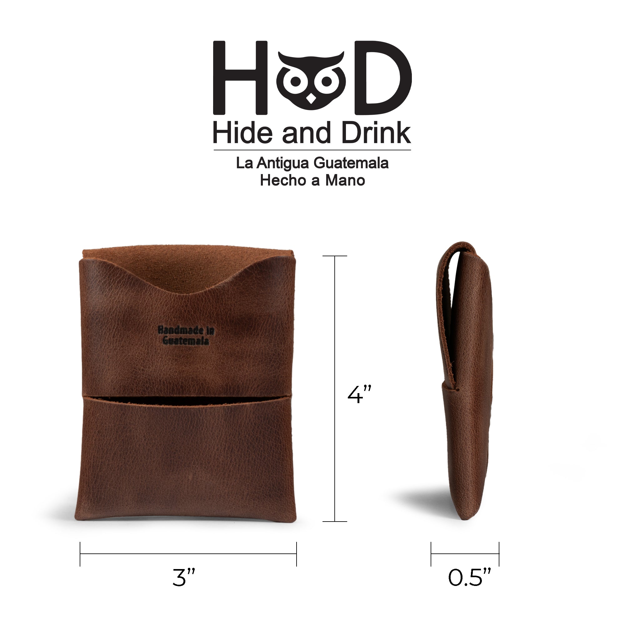 A detailed view of the Origami Card Wallet from Hide & Drink, showcasing its dimensions and superior craftsmanship. This Leather Origami Card Holder is designed as a Slim Wallet for Cards and Front Pocket Case for Debit & Credit Cards. It represents quality, being handmade in La Antigua Guatemala & Oaxaca Mexico and reflecting the brand's artisan heritage.
