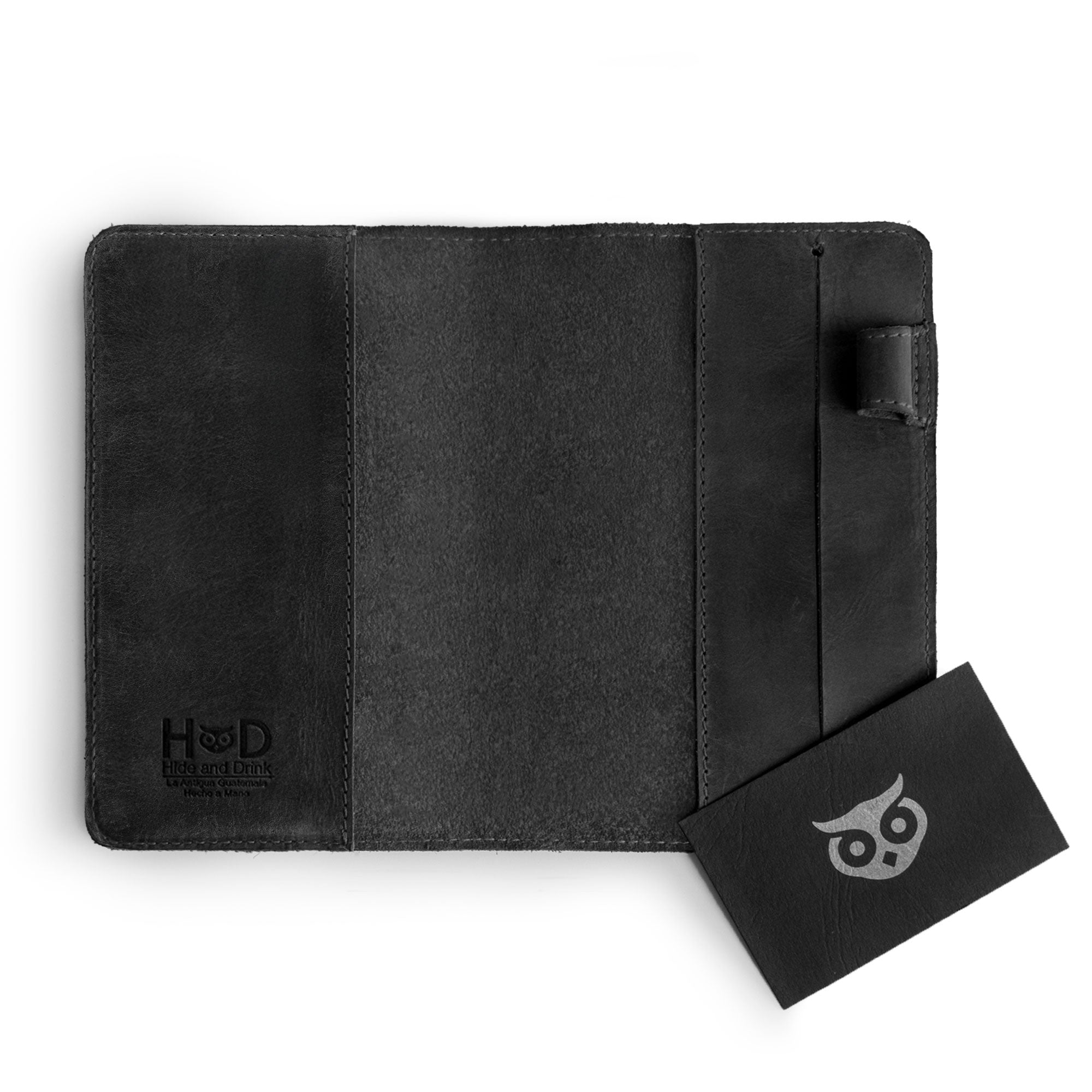 Leuchtturm A6 Hardcover Case in sleek black by Hide & Drink, showcasing the card slot and additional notebook compartment. Functions excellently as a Leather A6 Notebook Cover for Leuchtturm 3.6 x 5.9 in, great for a refillable mini planner case and travel journal cover for men; also compatible with Moleskine & Hobonichi, plus serves as a travelers pocket portfolio binder.