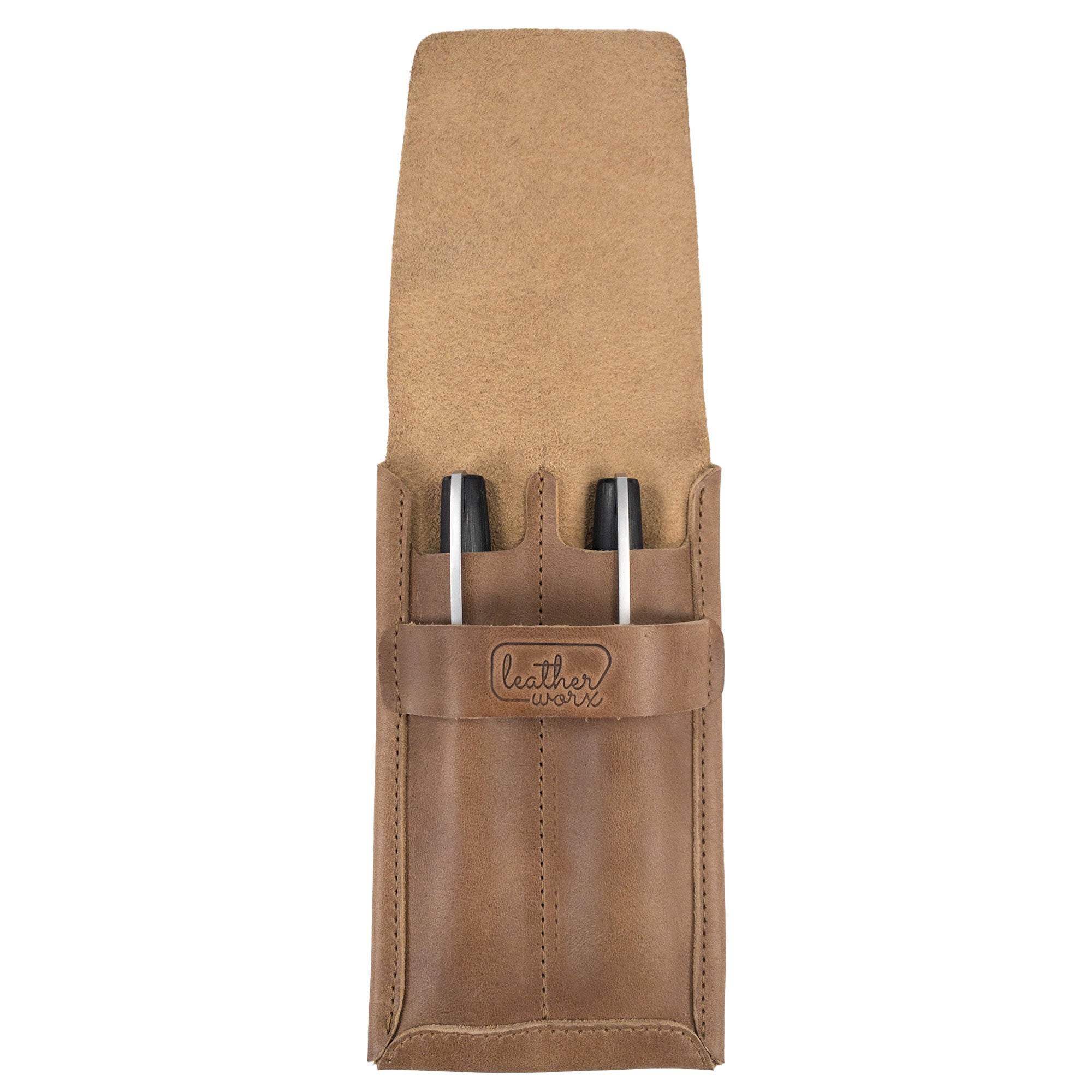 Double Pen Case displayed with two pens inside, designed by Leather Worx. The soft yet durable Full Grain Leather reflects the artisan's skill, emphasizing small batch production with hand sewn construction, all made in La Antigua Guatemala & Oaxaca Mexico.