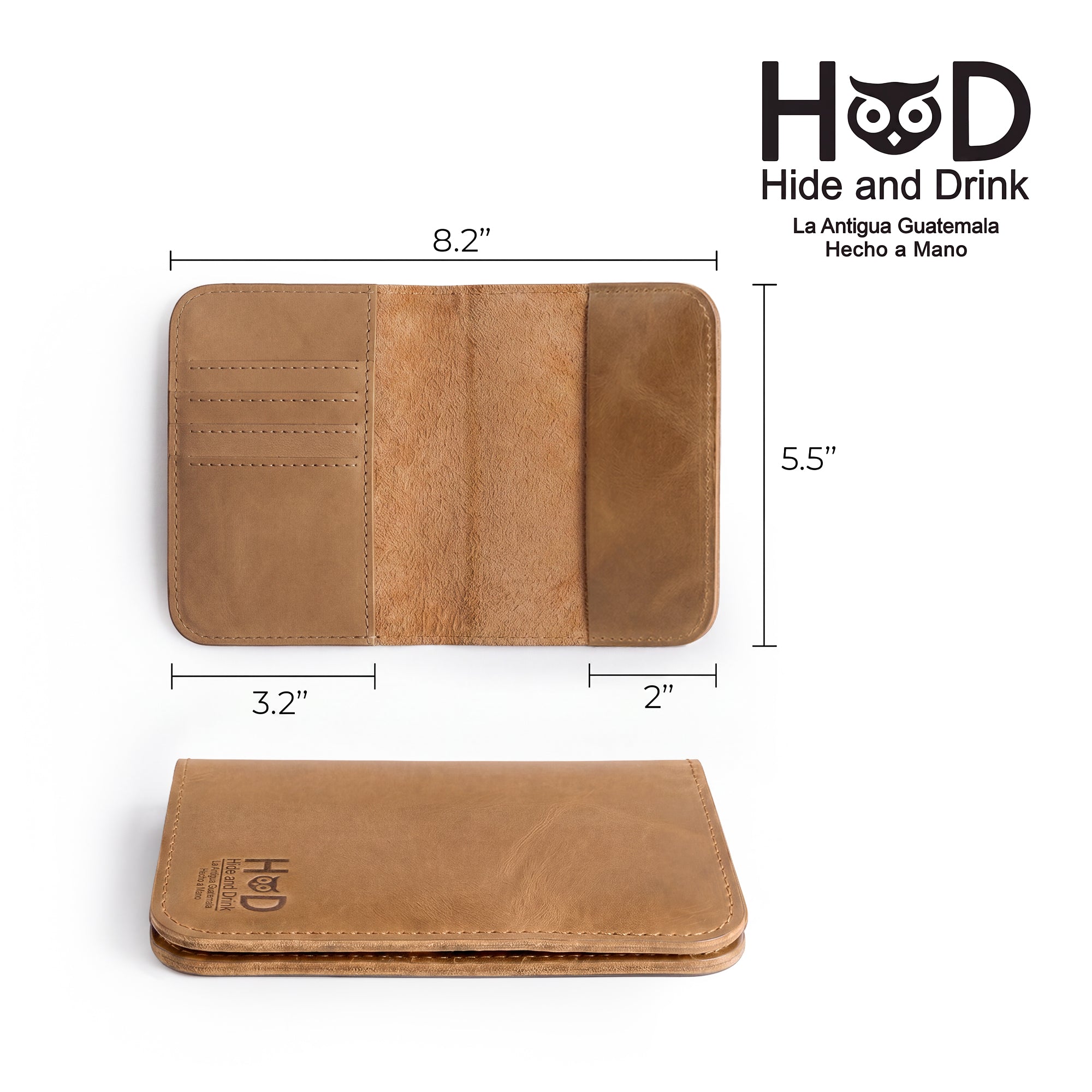 Front view of the Hide & Drink Travel Wallet, exuding a vintage charm. This handcrafted travel wallet is perfect as a bifold passport case made from full grain leather in La Antigua Guatemala.