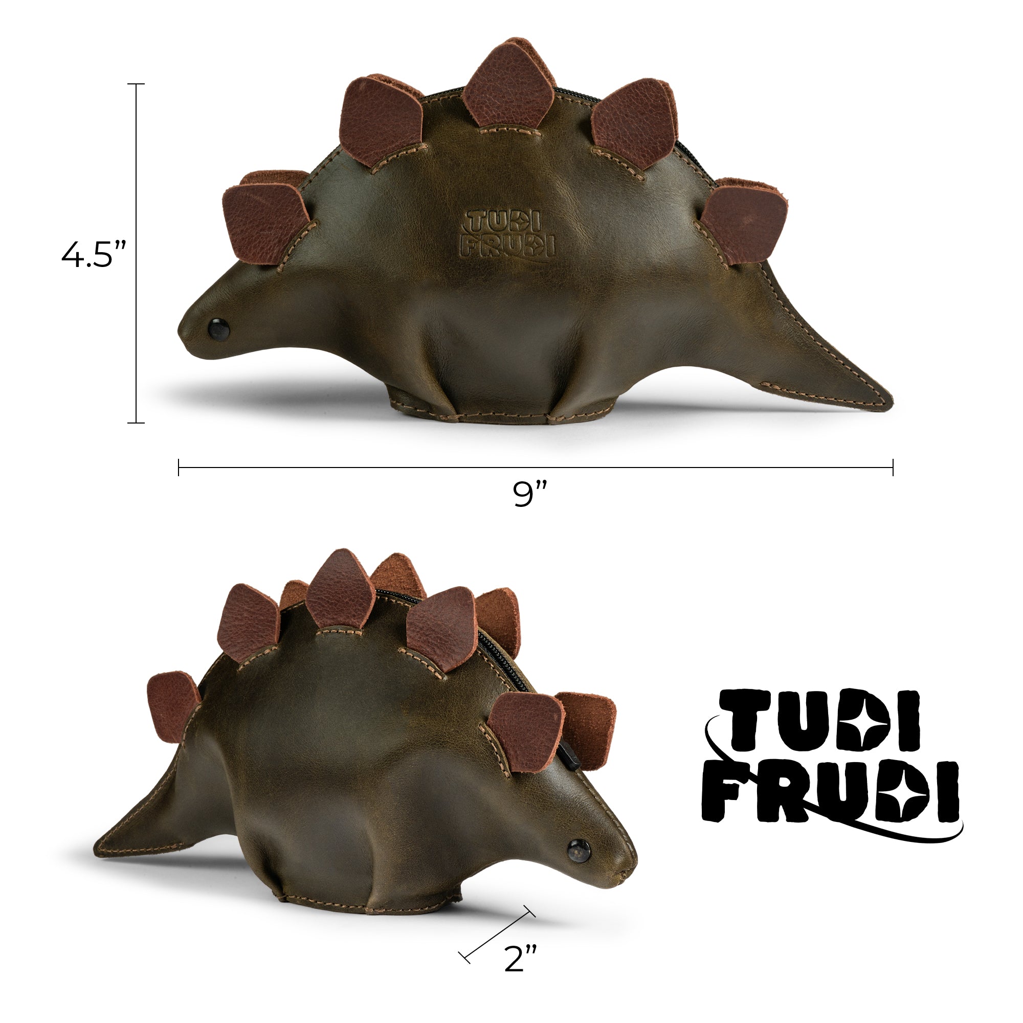 Dimensions of the Leather Dinosaur Stegosaurus Pouch by Tudi Frudi, showing its practical design for versatile use as a small accessory and cash holder. This pouch exemplifies small batch production with hand cut, fire branded details, handcrafted in La Antigua Guatemala and Oaxaca Mexico.