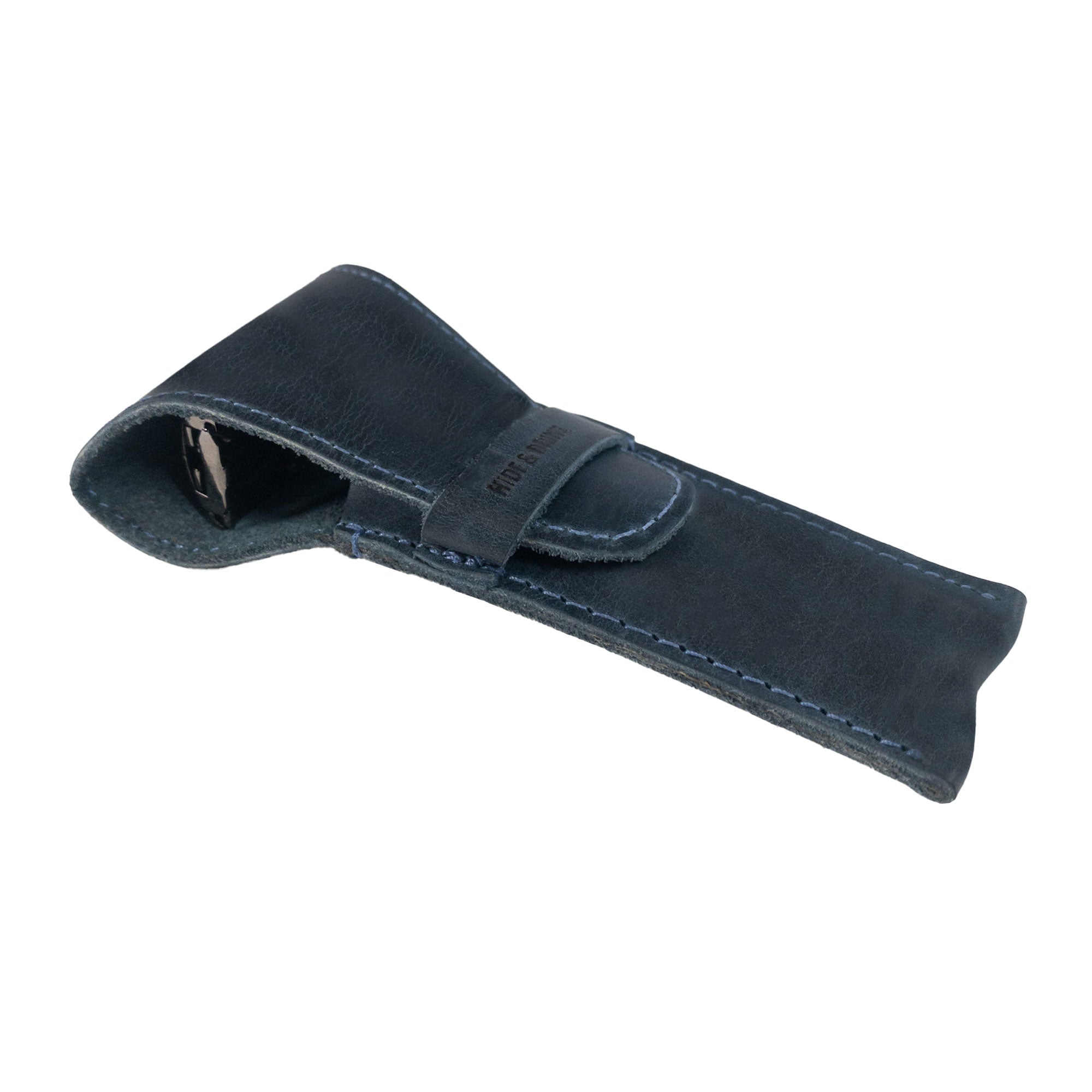 Side view of the Hide & Drink Safety Razor Case, made from Full Grain Leather and showcasing the small batch artisan craftsmanship in the personal care market.
