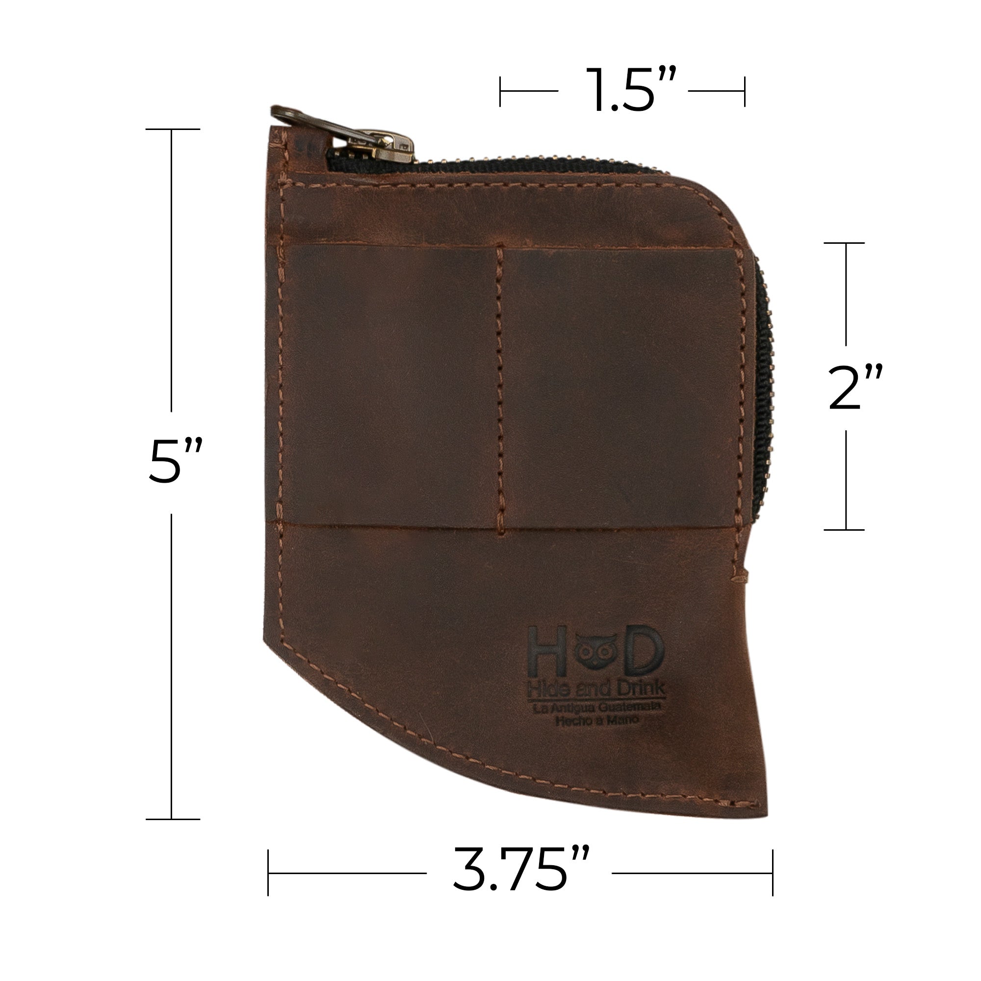 Hide & Drink EDC Pocket Wallet dimensions displayed with a focus on its functionality as a curved cash organizer and slim front card holder. The wallet is made from full grain leather and is hand sewn by artisans.
