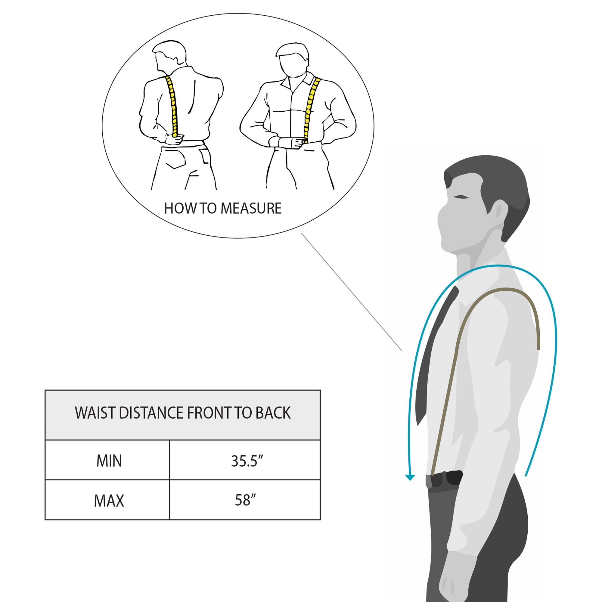 Infographic for measuring fitting for Drop Shaped Suspenders by Hide & Groom, emphasizing adjustability and Full Grain Leather quality; handcrafted in La Antigua Guatemala & Oaxaca Mexico.
