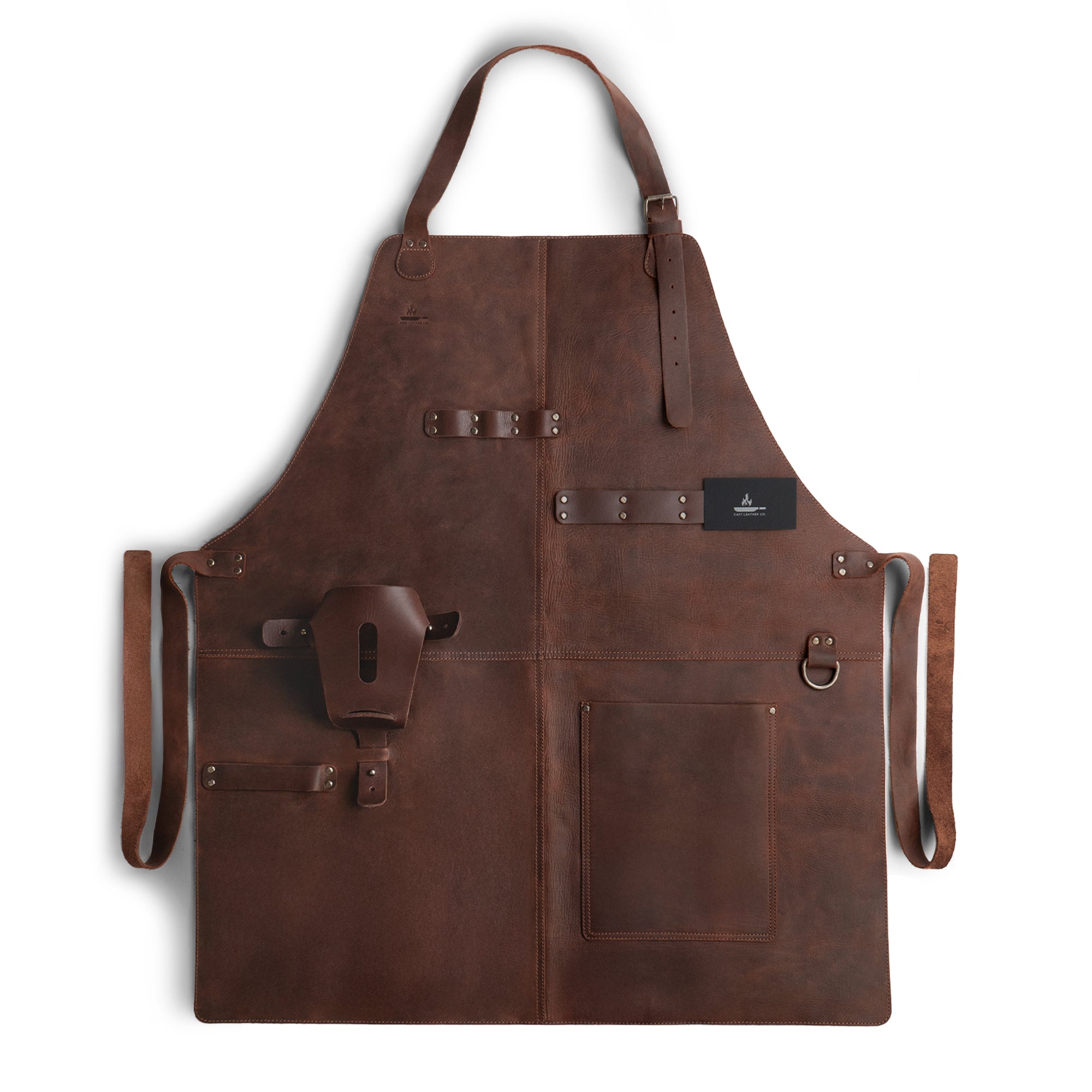 Cast Leather Co. BBQ Apron showcasing a classic rustic design with adjustable neck strap. Perfect for any grilling occasion, this full grain leather apron reflects artisan craftsmanship and is proudly handmade in La Antigua Guatemala & Oaxaca Mexico.