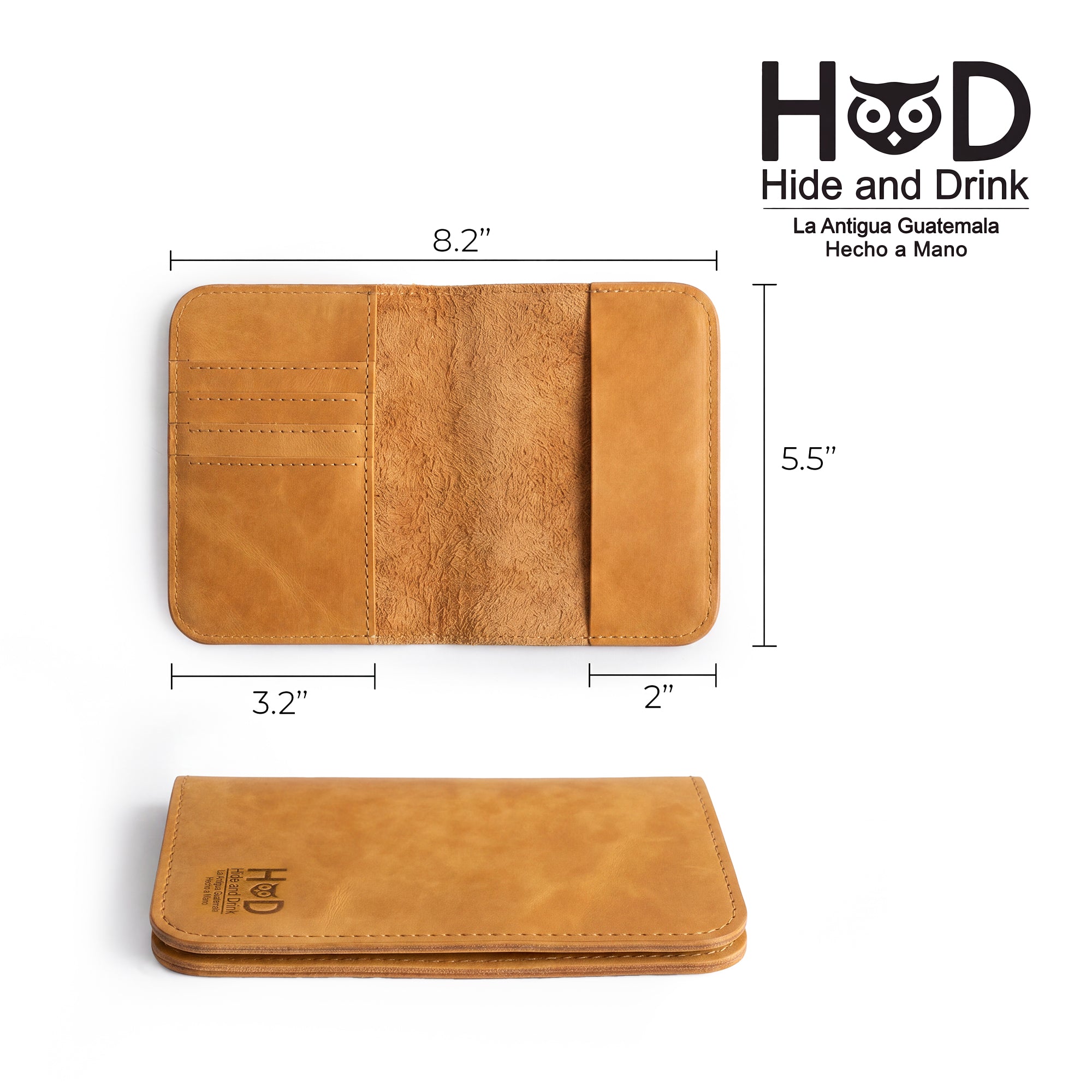 Inside view of the Hide & Drink Travel Wallet showing card slots. This multifunctional travel wallet is perfect as a bifold passport case, handmade in La Antigua Guatemala.