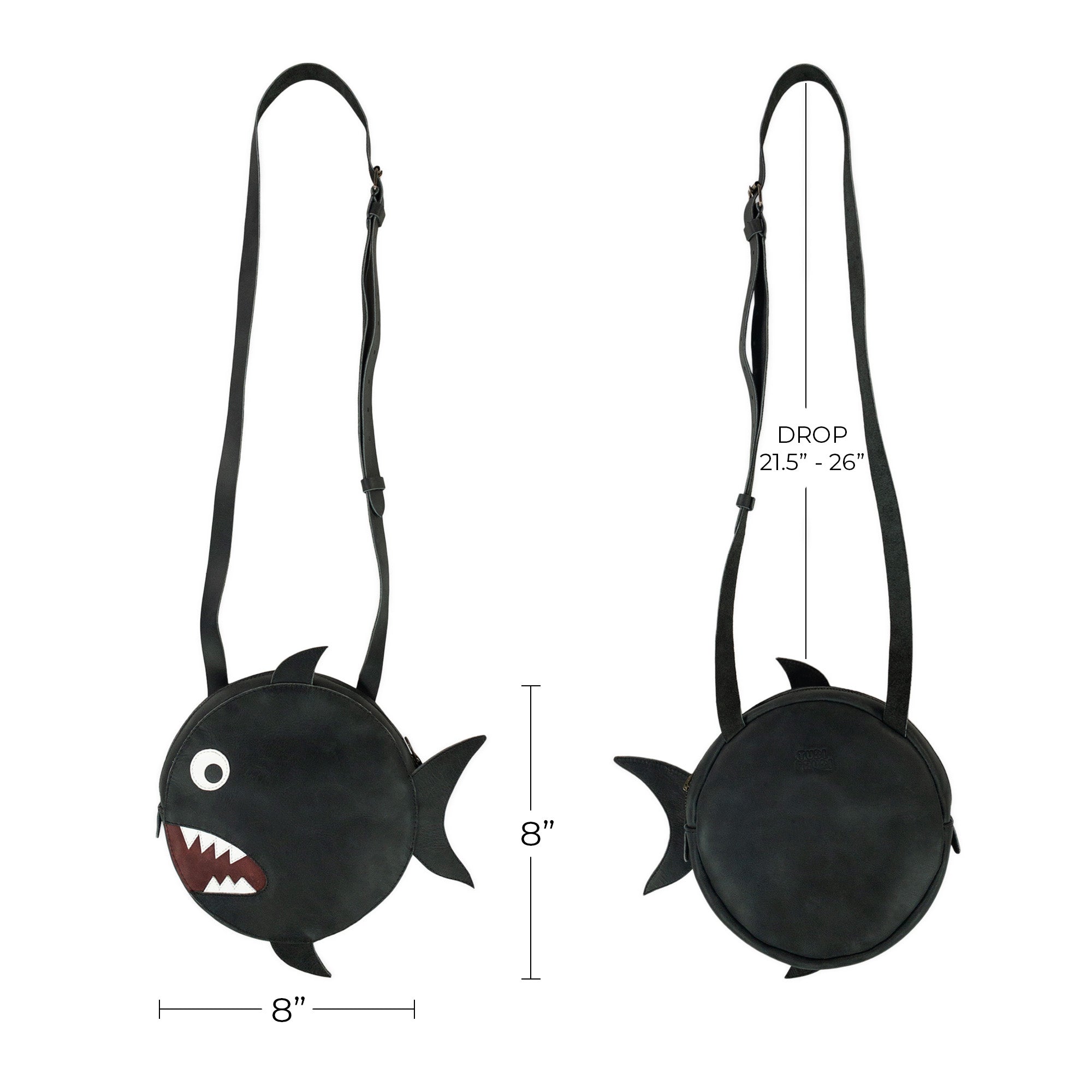 Visualize the dimensions of Tudi Frudi's Piranha-Shaped Shoulder Bag, a perfect accessory for any outfit. This Piranha-Shaped Circular Shoulder Bag combines playful design with practicality, made from Full Grain Leather reflecting small batch artisan production methods, handmade with love in La Antigua, Guatemala.