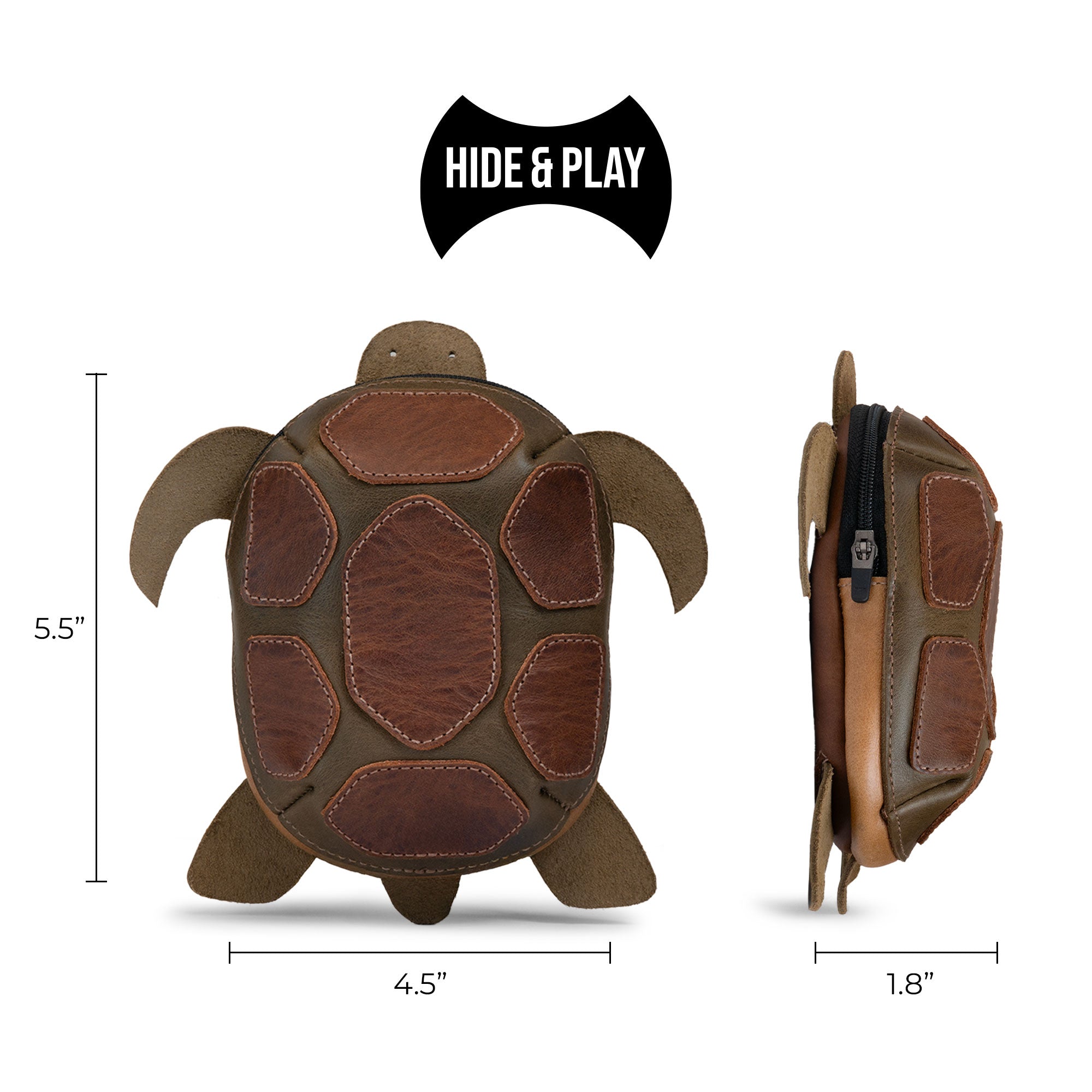 Hide & Play Leather Turtle Pouch size chart image featuring the hand cut and hand sewn full grain leather turtle-shaped coin pouch, tortoise-shaped leather coin purse change bag and zippered cable case for a small charger cable holder—purses & pouches for cash as a tiny travel carrier; small batch production, fire branded artisan, handmade in La Antigua Guatemala & Oaxaca Mexico (StockyardX).