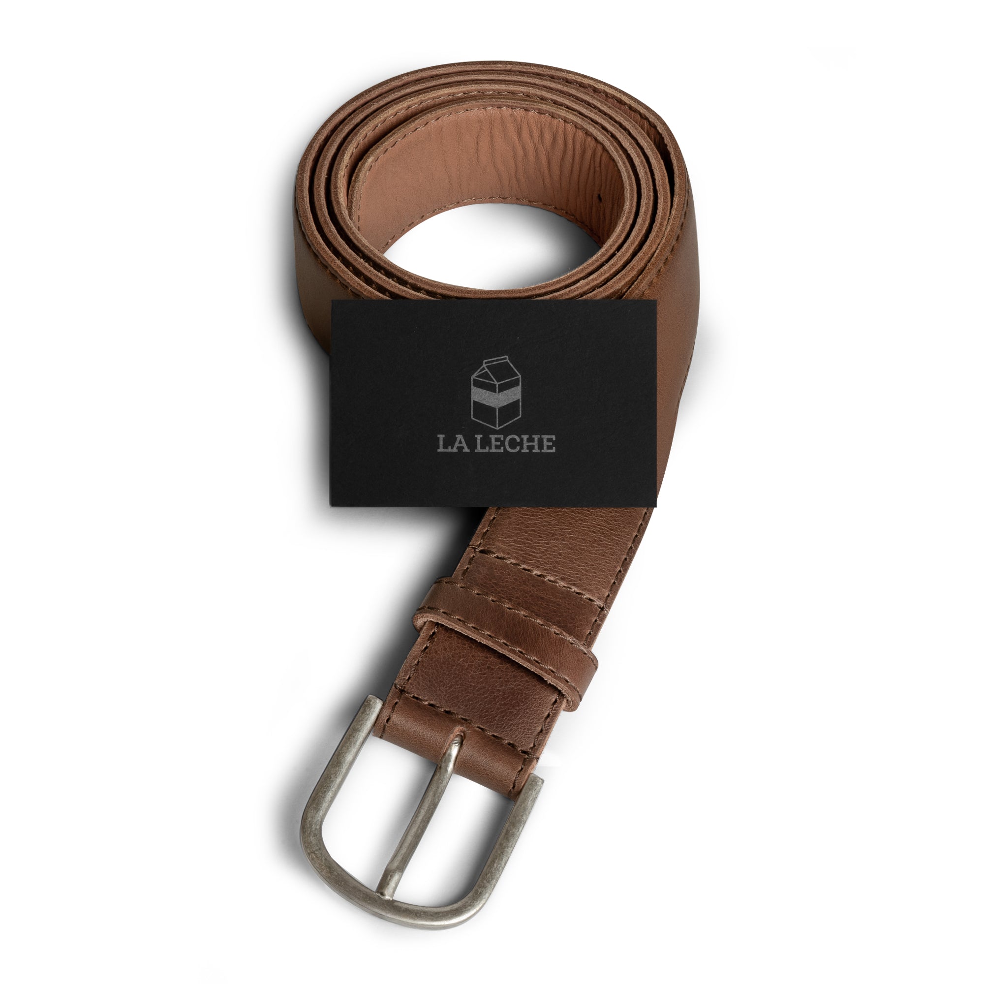 Classic Leather Belt with Glove Liner presented by La Leche with a brand card, highlighting a full grain leather belt for men designed for versatile styles. This handmade men's waist belt for jeans combines artisan elements including small batch production, hand cutting, sewing, and fire branding from La Antigua Guatemala & Oaxaca Mexico.