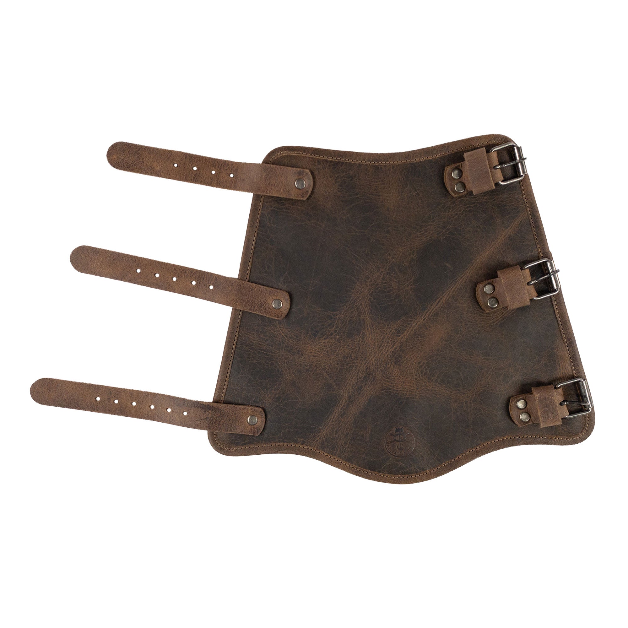 Flat lay of the Rustic Archery Bracer from Valhalla Gear, showing its adjustable straps and full grain leather material. This wrist guard is perfect for knights and cosplay, reflecting a commitment to artisan craftsmanship through small batch production, handmade in La Antigua Guatemala & Oaxaca Mexico.