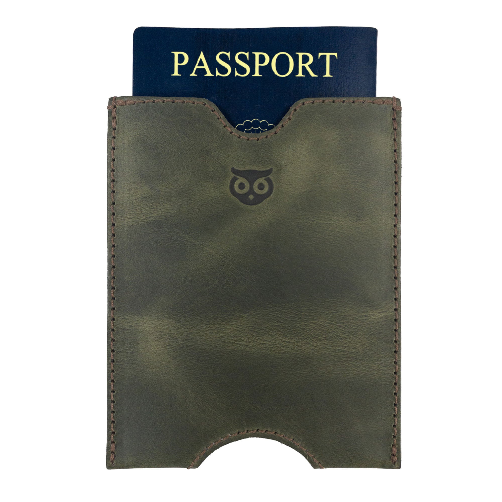 Hide & Drink's green Passport Sleeve with artisan tags displayed, reflecting its quality craftsmanship. This full grain leather Travel Passport Pocket Sleeve is designed with love in La Antigua Guatemala.