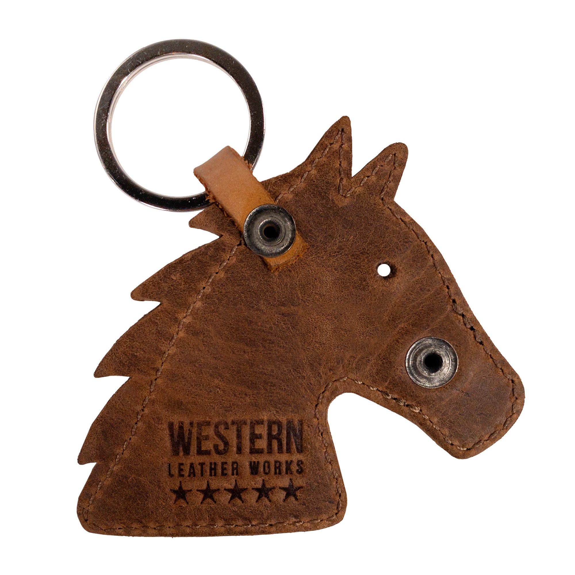Cowboy Stallion Head Keychain by Western Leather Works showcasing the leather detail with the branding logo. This stylish keychain is made from high-quality Full Grain Leather in La Antigua Guatemala & Oaxaca Mexico, emphasizing small batch production and artisan techniques.